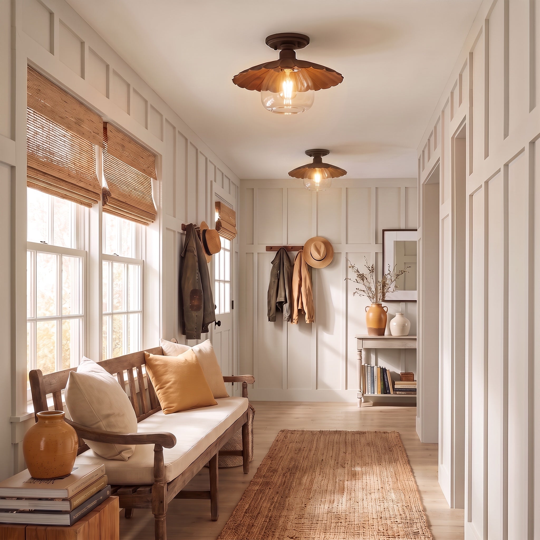 Clemence 1-light Flush Mount in Dark Rust, AI-visualized room scene - Golden Lighting