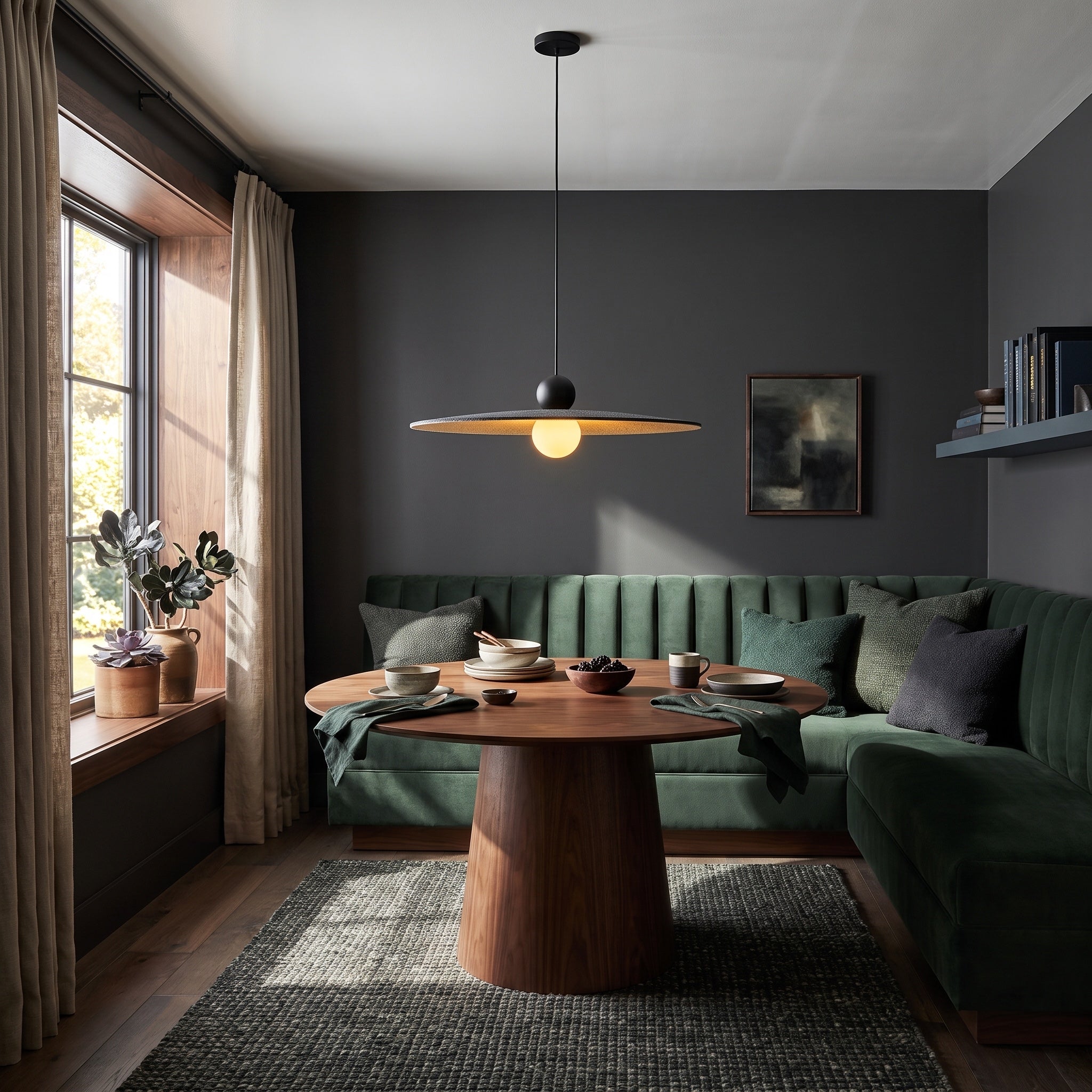 Faroe 1-light Pendant in Flecked Black/Gray, AI-visualized breakfast nook scene - Golden Lighting