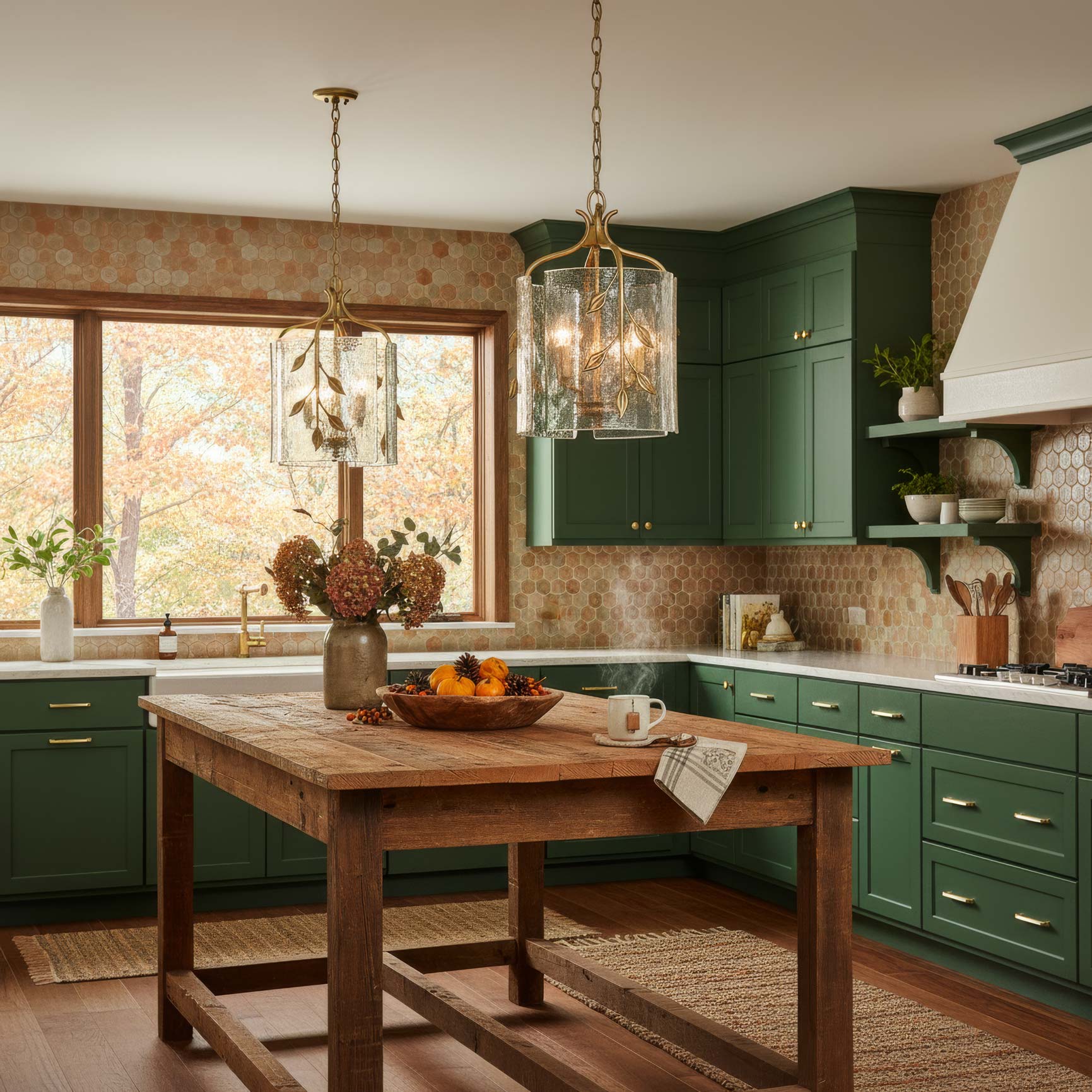 Kitchen with wooden island, green cabinets, and autumn decor showcasing 2 Calla 3-Light pendants in Brushed Champagne Brass and Hammered Water Glass by Golden Lighting