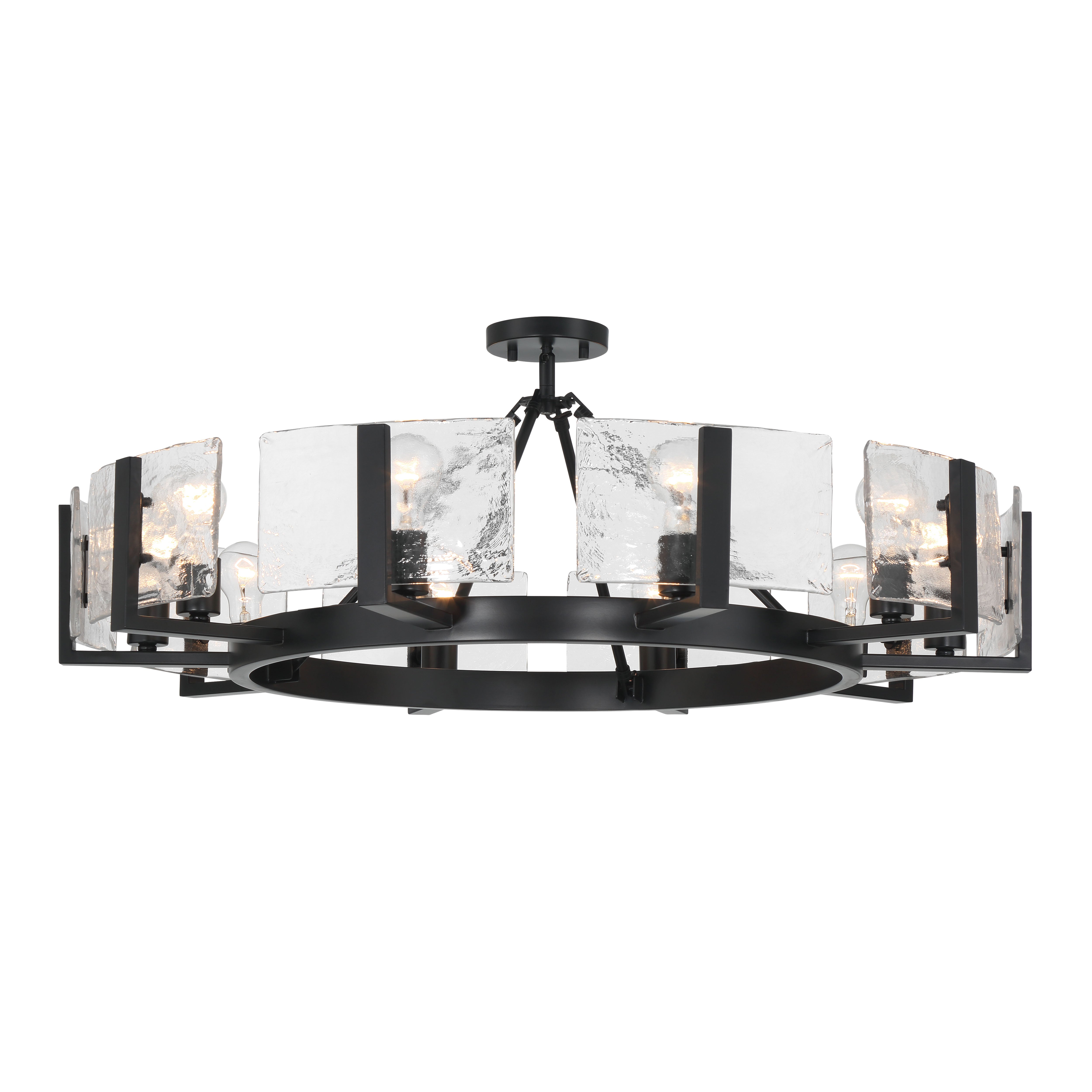 Yep by Golden Lighting Aenon 10-light Semi-Flush Mount in Matte Black with Hammered Water Glass