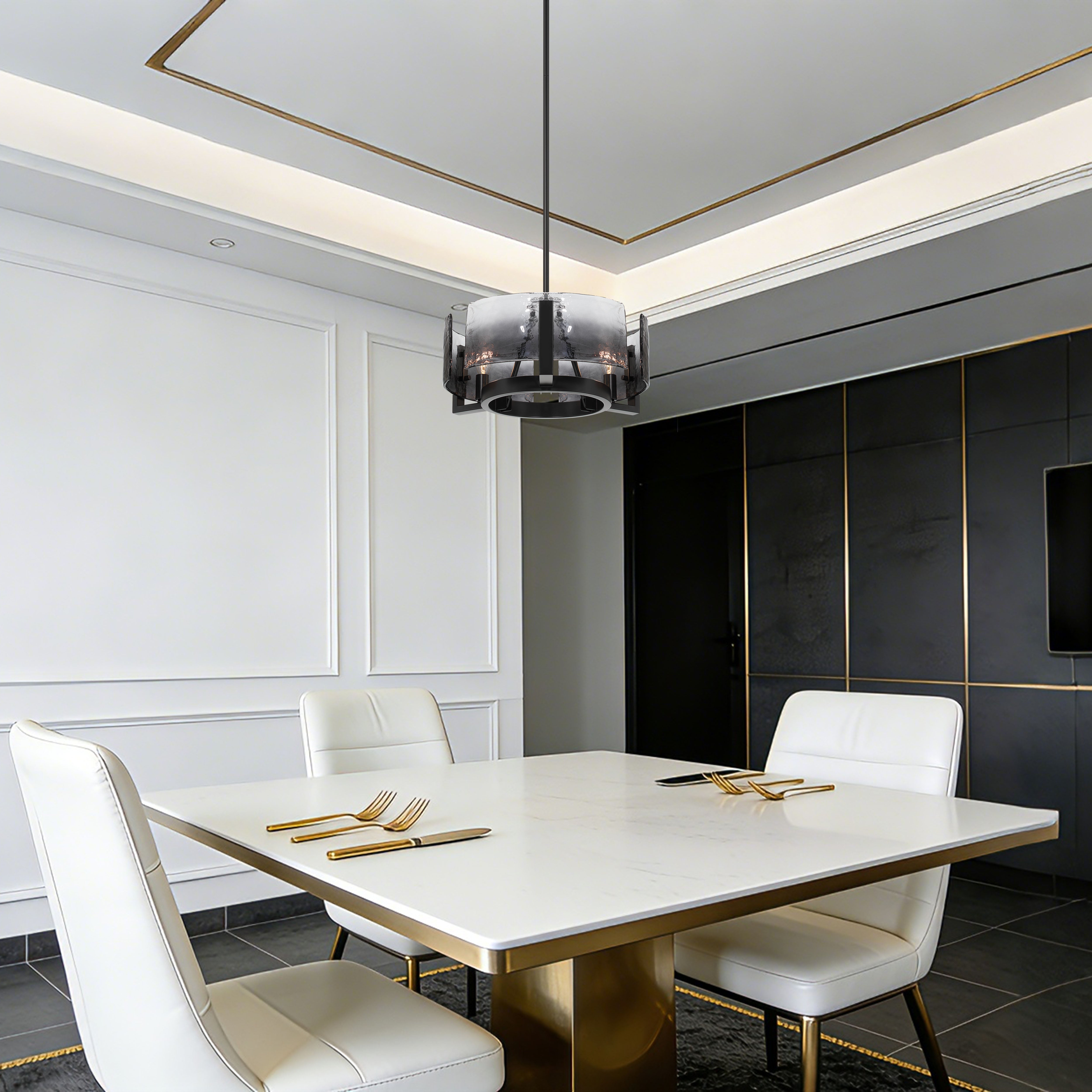Aenon 3-light Chandelier in Matte Black with Smokey Water Glass - - Golden Lighting