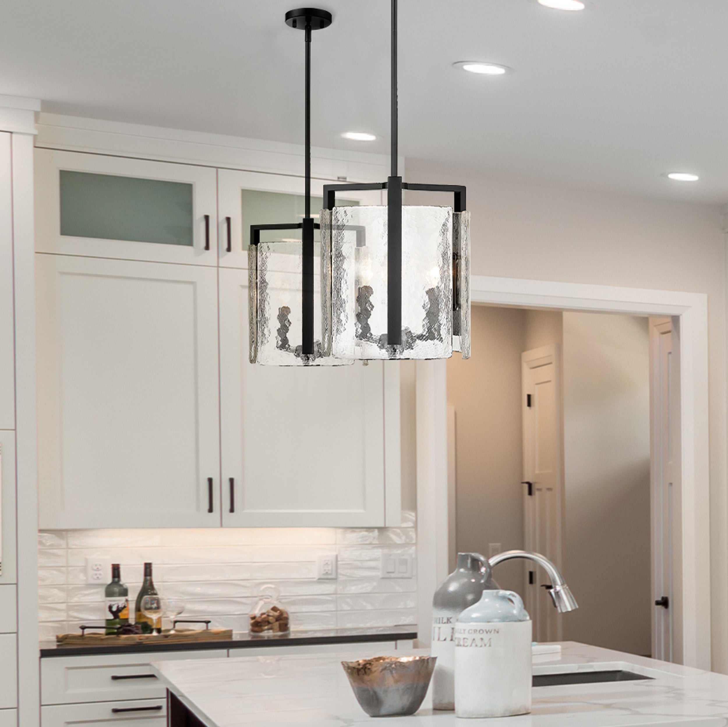 Aenon 3 Light Pendant in Matte Black with Hammered Water Glass Shade - Default Title - Golden Lighting