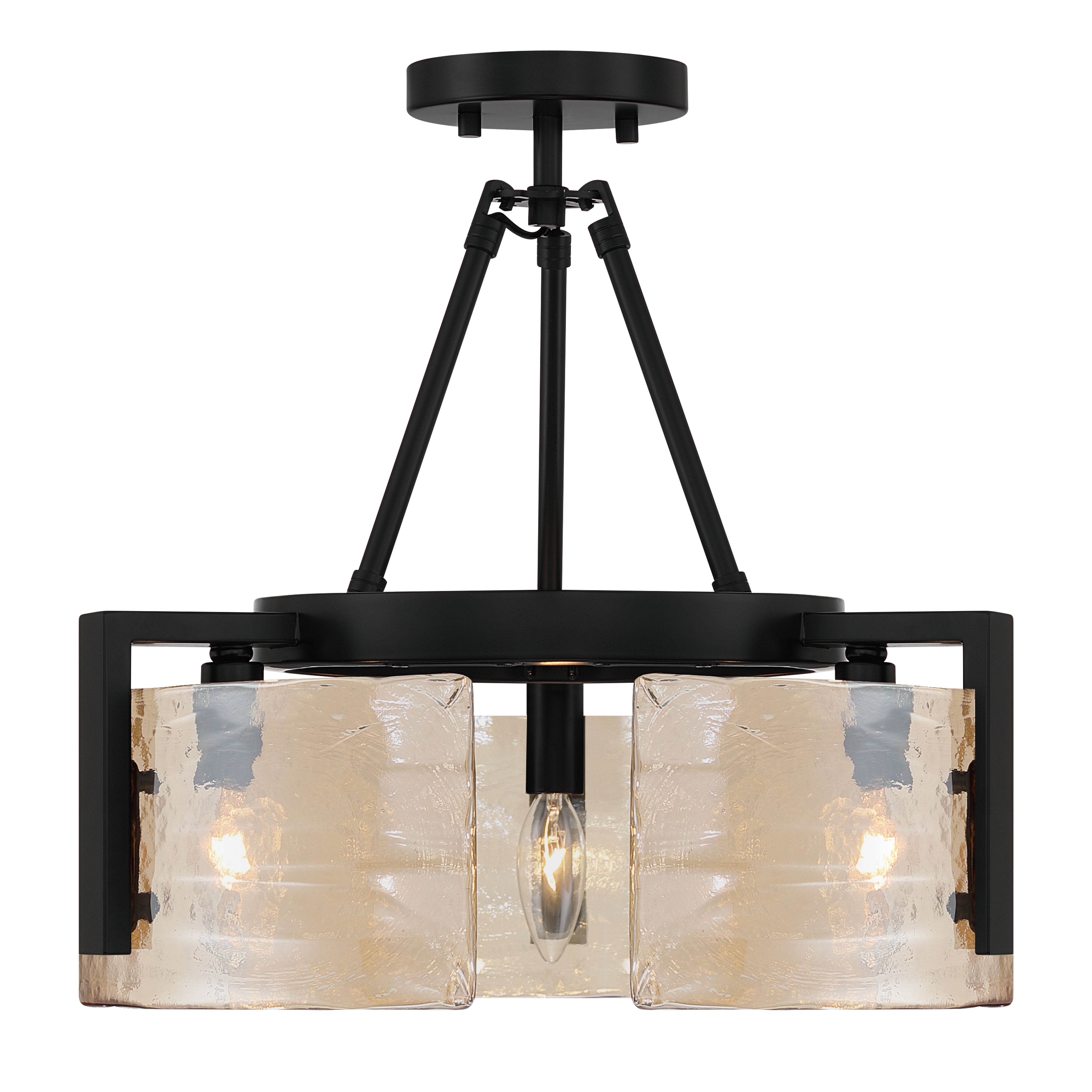 Aenon 3-light Semi-Flush Mount in Matte Black with Amber Water Glass - - Golden Lighting