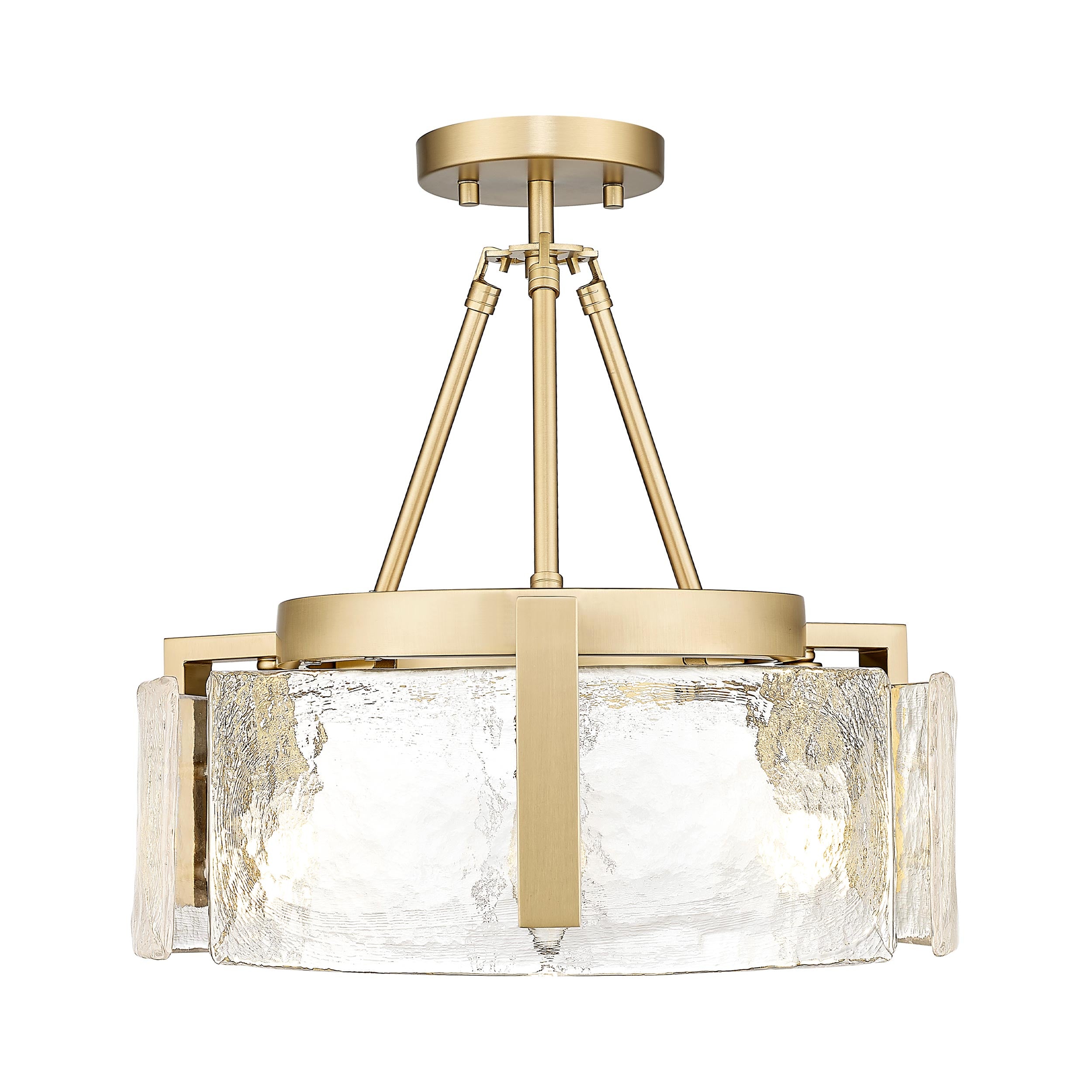 Aenon 3-Light Semi-Flush in Brushed Champagne Bronze with Hammered Water Glass Shade - - Golden Lighting