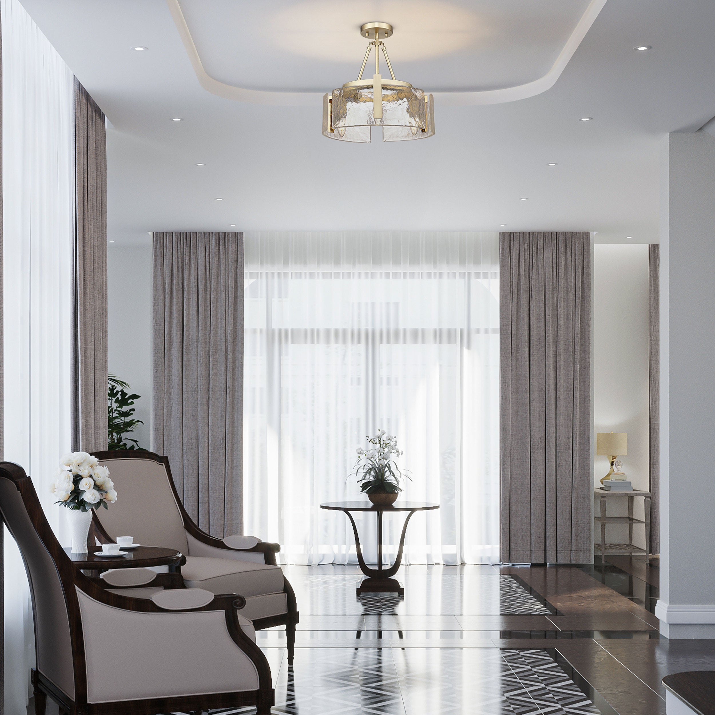 Aenon 3-Light Semi-Flush in Brushed Champagne Bronze with Hammered Water Glass Shade - Default Title - Golden Lighting