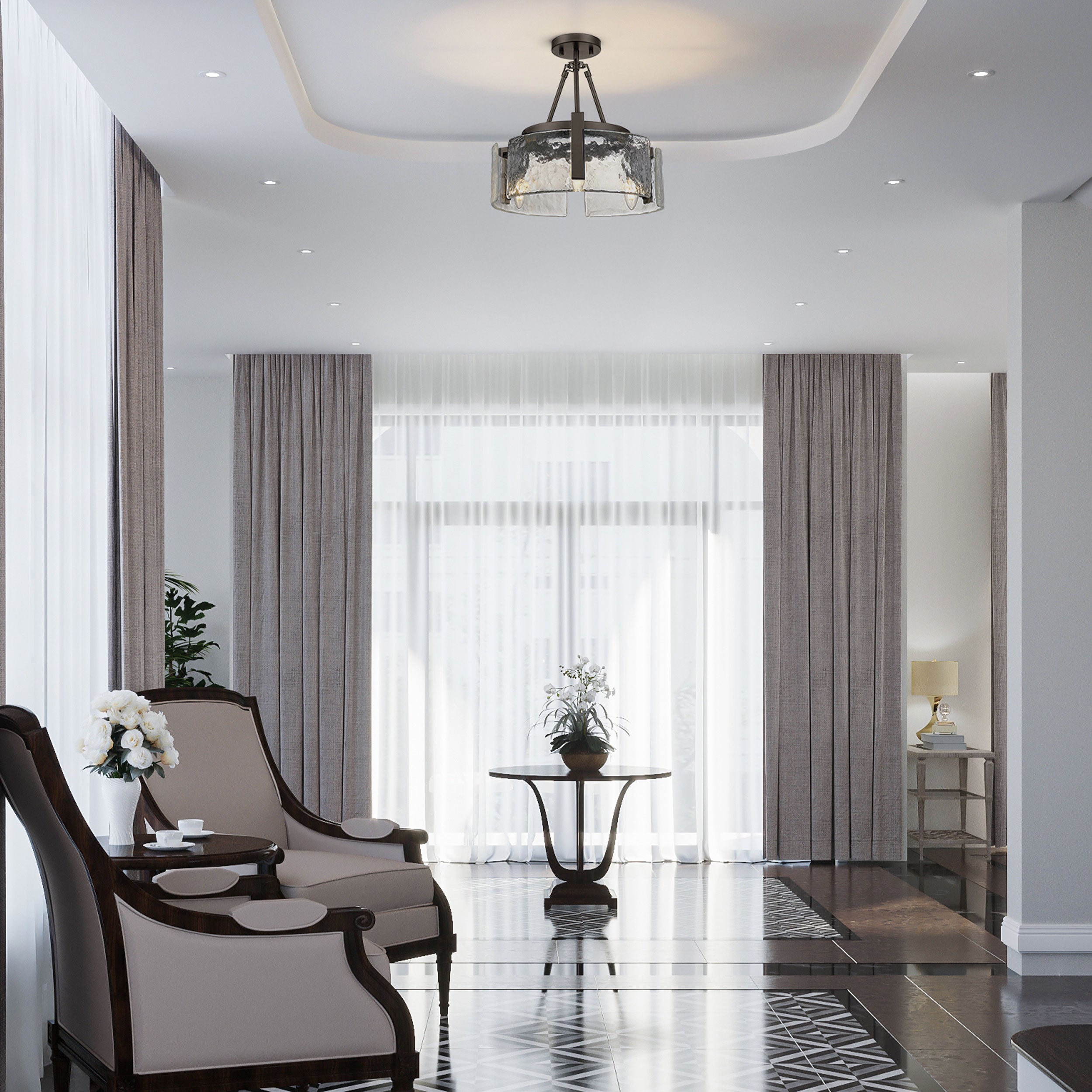 Aenon 3-Light Semi-Flush in Matte Black with Hammered Water Glass Shade - Default Title - Golden Lighting