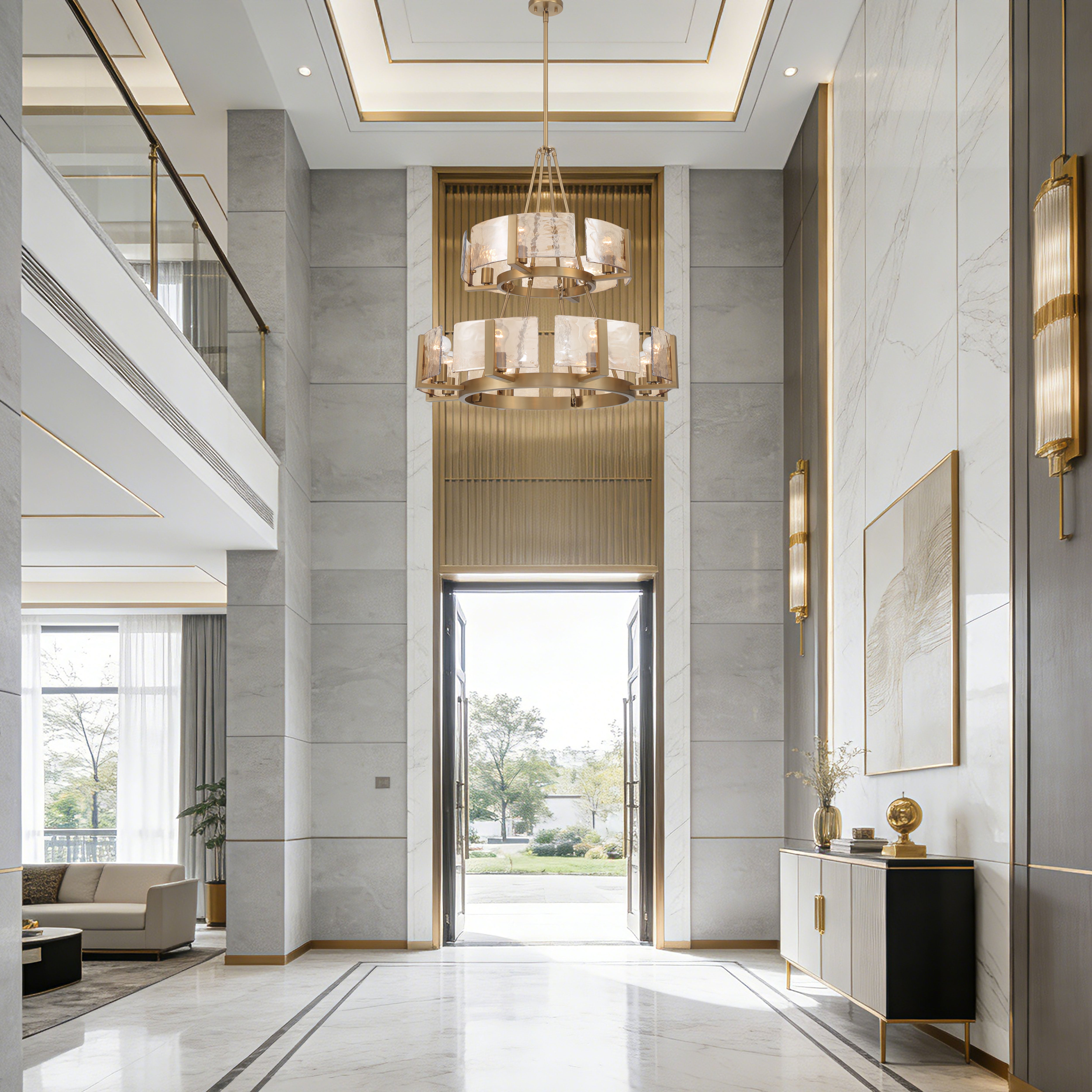Aenon 12-light 2-tier Chandelier (4+8) in Brushed Champagne Brass with Amber Water Glass - - Golden Lighting