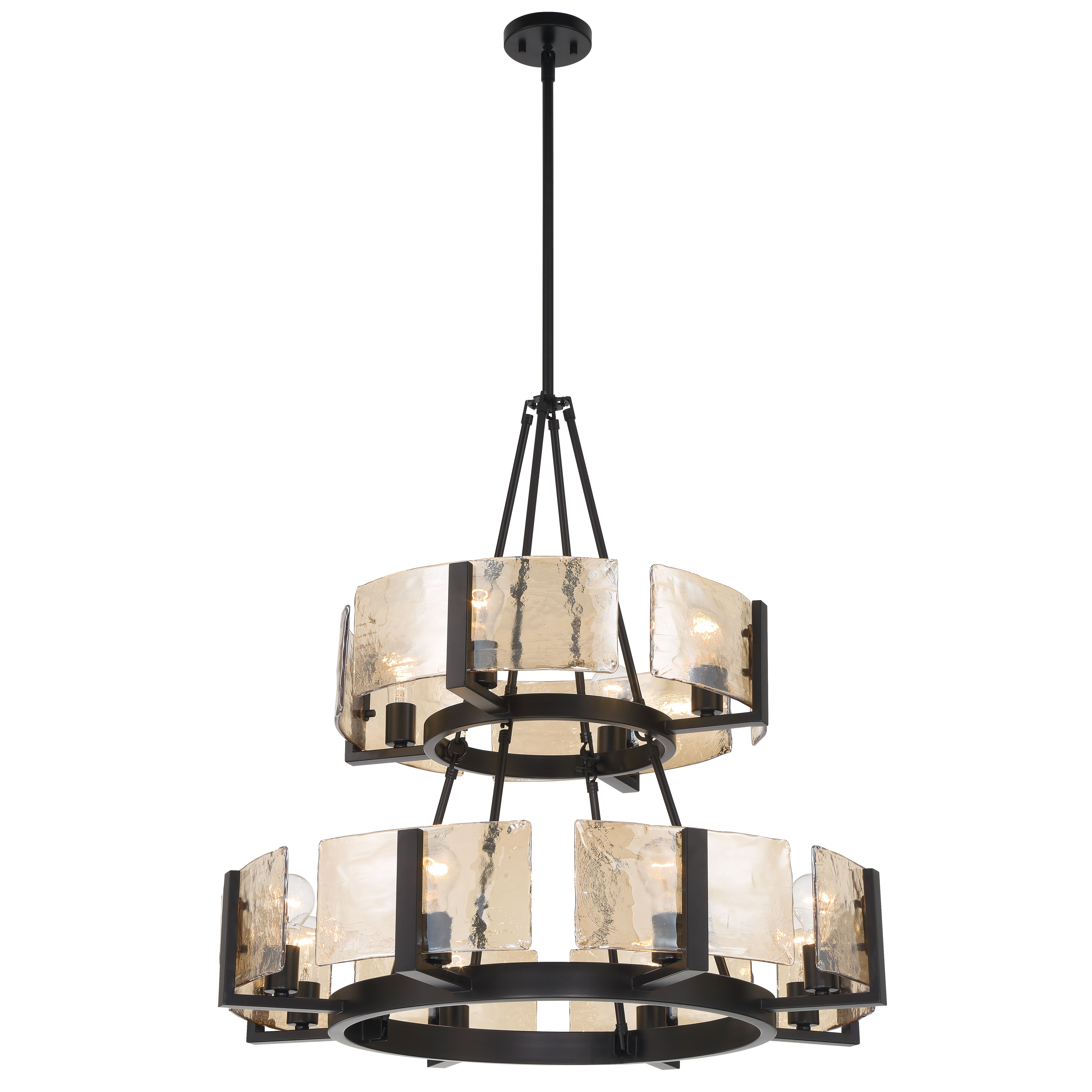 Aenon 12-light 2-tier Chandelier (4+8) in Matte Black with Amber Water Glass - - Golden Lighting