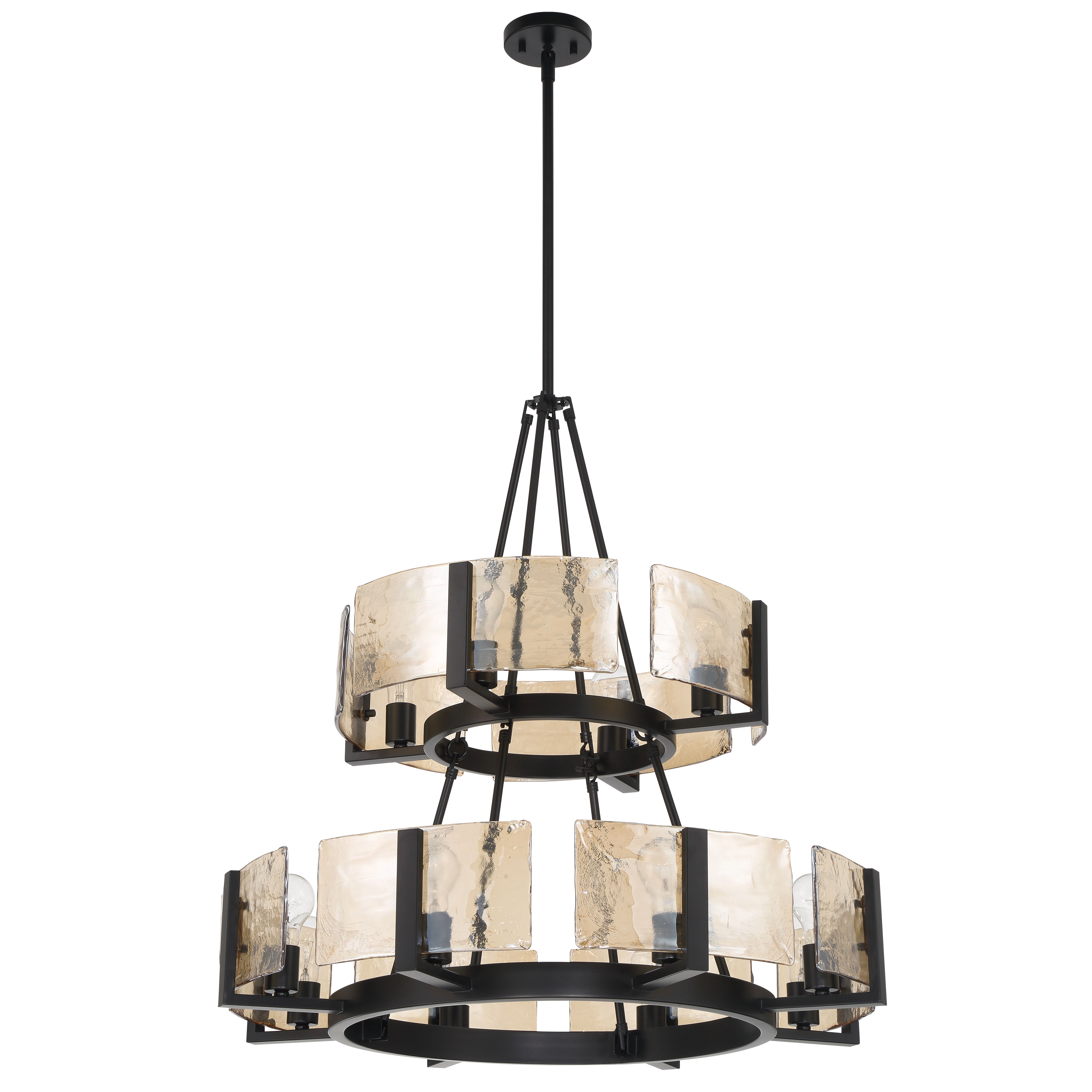 Aenon 12-light 2-tier Chandelier (4+8) in Matte Black with Amber Water Glass - - Golden Lighting