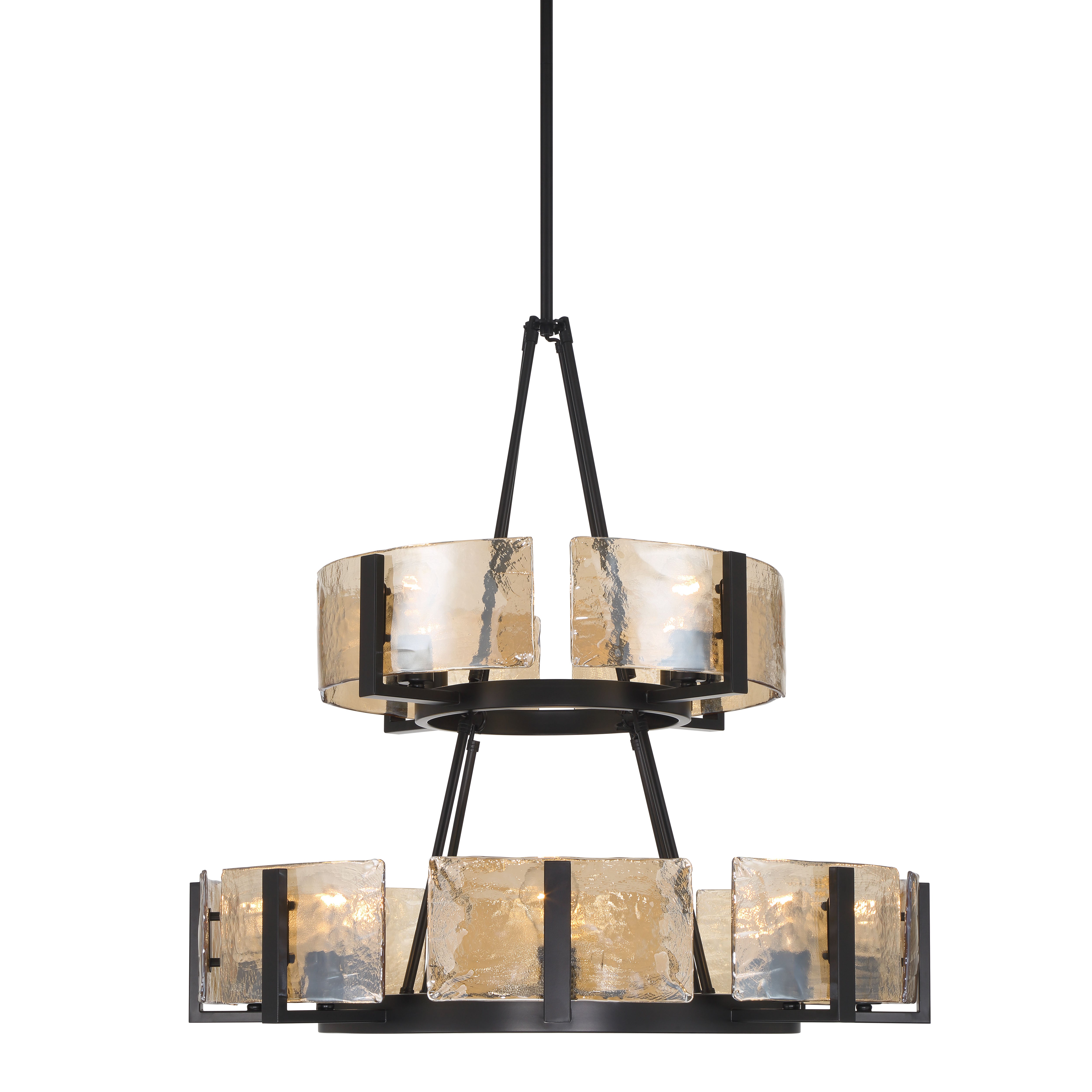 Aenon 12-light 2-tier Chandelier (4+8) in Matte Black with Amber Water Glass - - Golden Lighting
