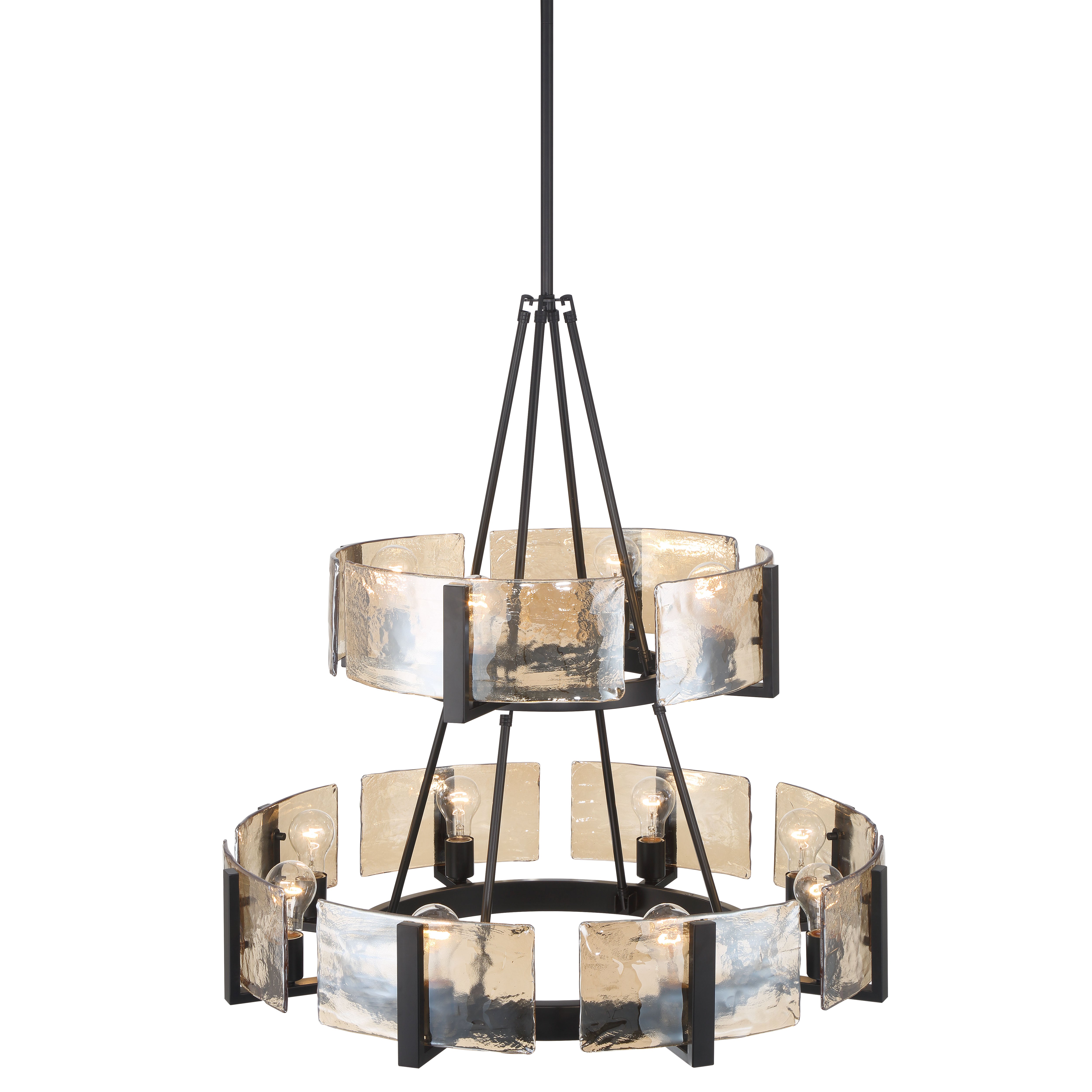 Aenon 12-light 2-tier Chandelier (4+8) in Matte Black with Amber Water Glass - - Golden Lighting