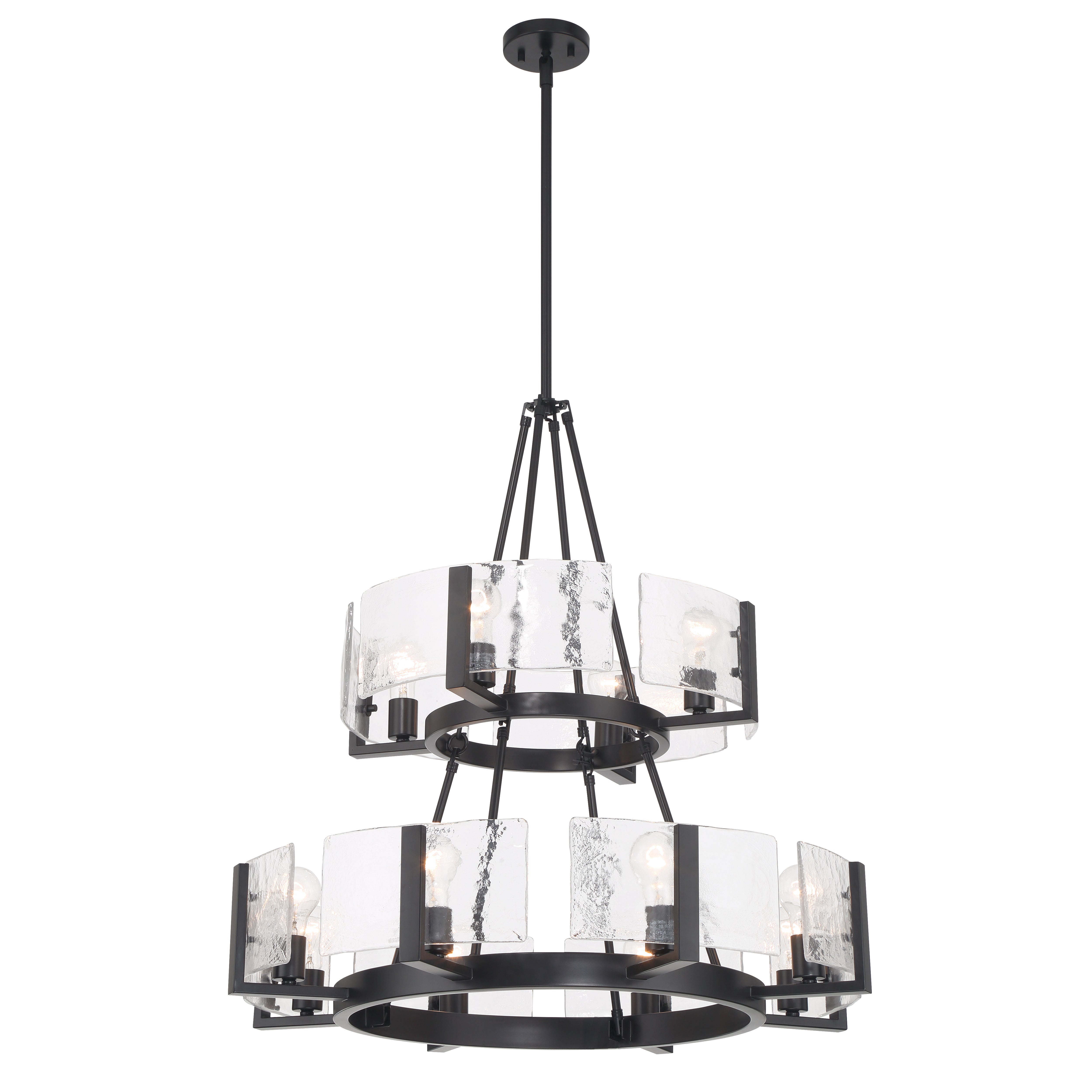 Aenon 12-light 2-tier Chandelier (4+8) in Matte Black with Hammered Water Glass - - Golden Lighting