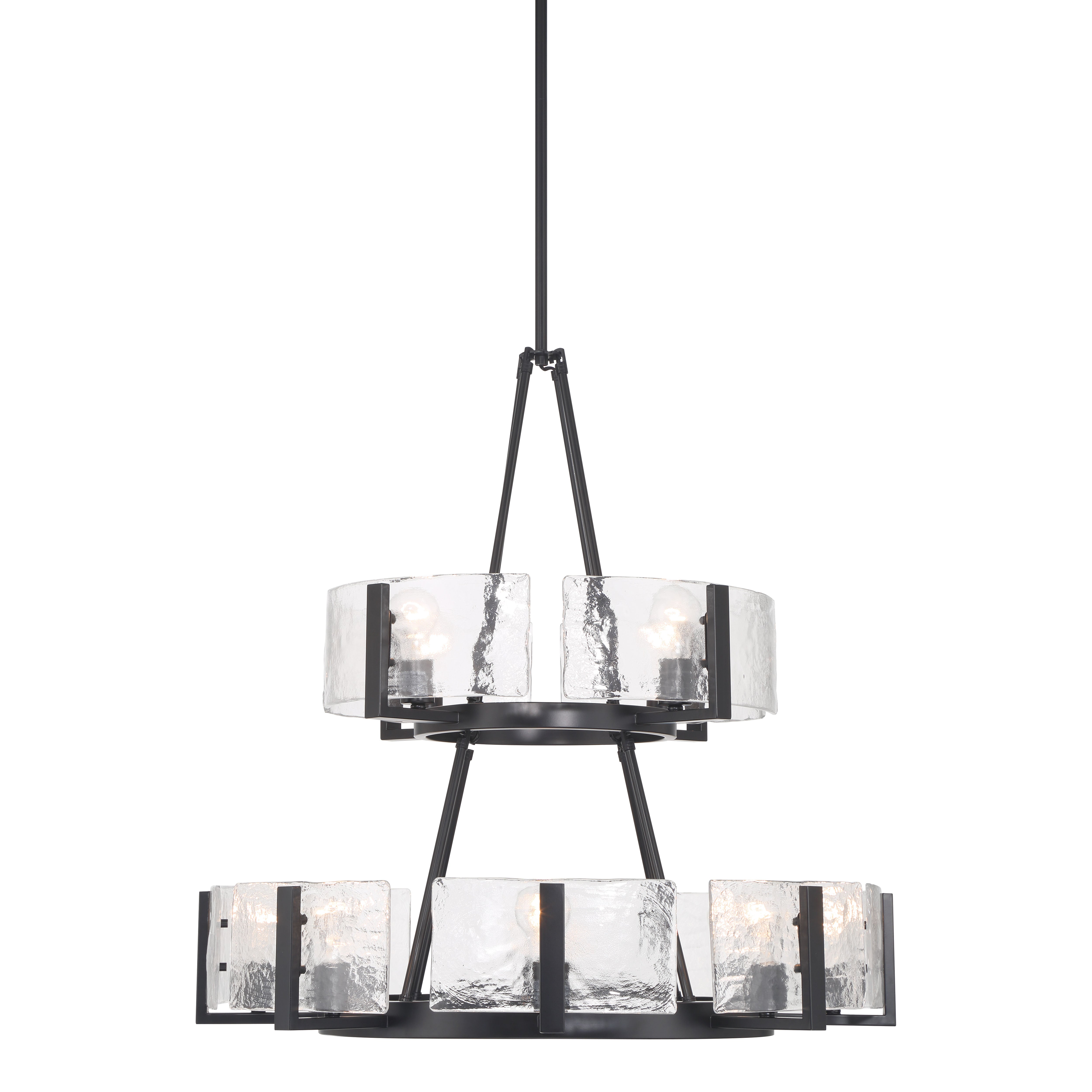 Aenon 12-light 2-tier Chandelier (4+8) in Matte Black with Hammered Water Glass - - Golden Lighting