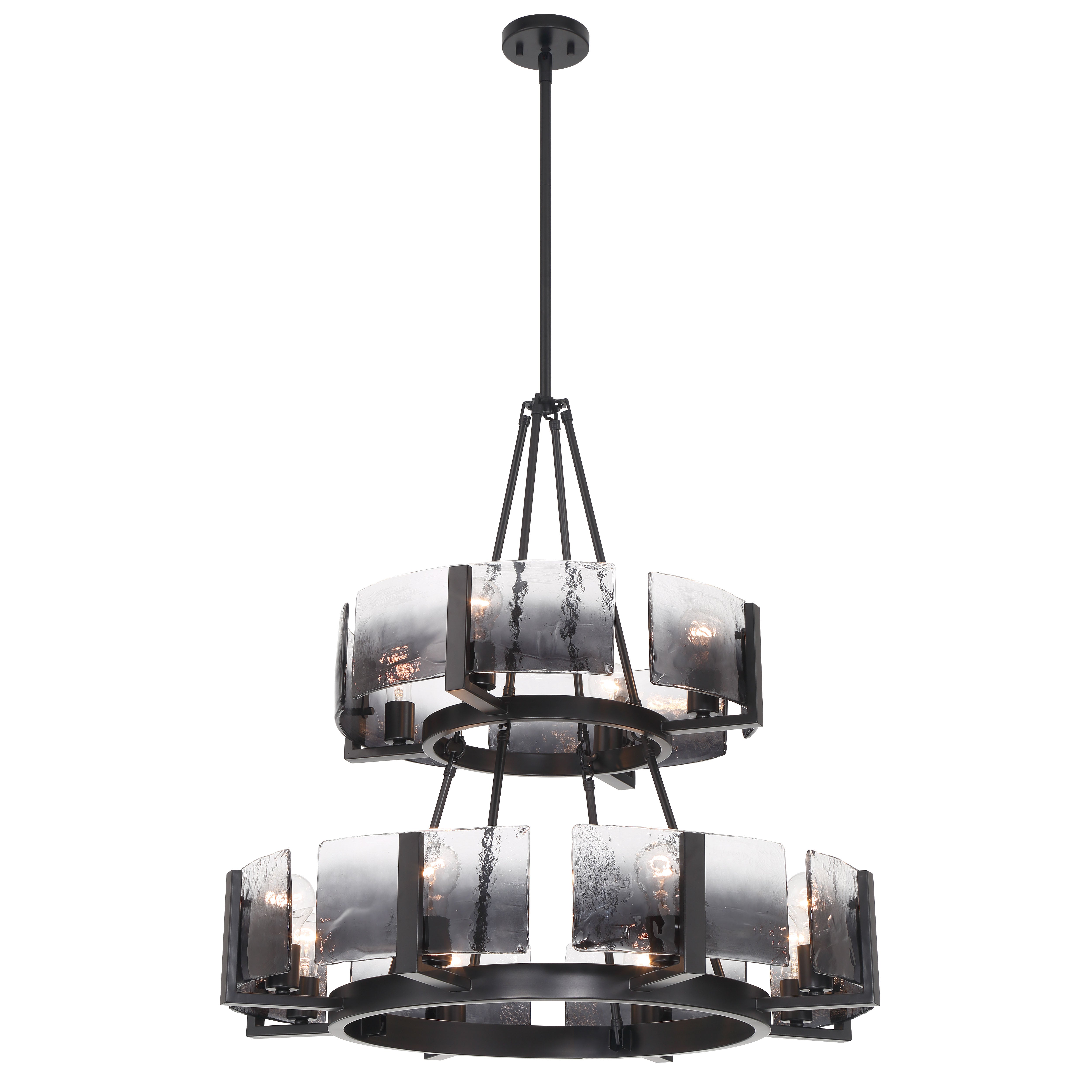 Aenon 12-light 2-tier Chandelier (4+8) in Matte Black with Smokey Water Glass - - Golden Lighting