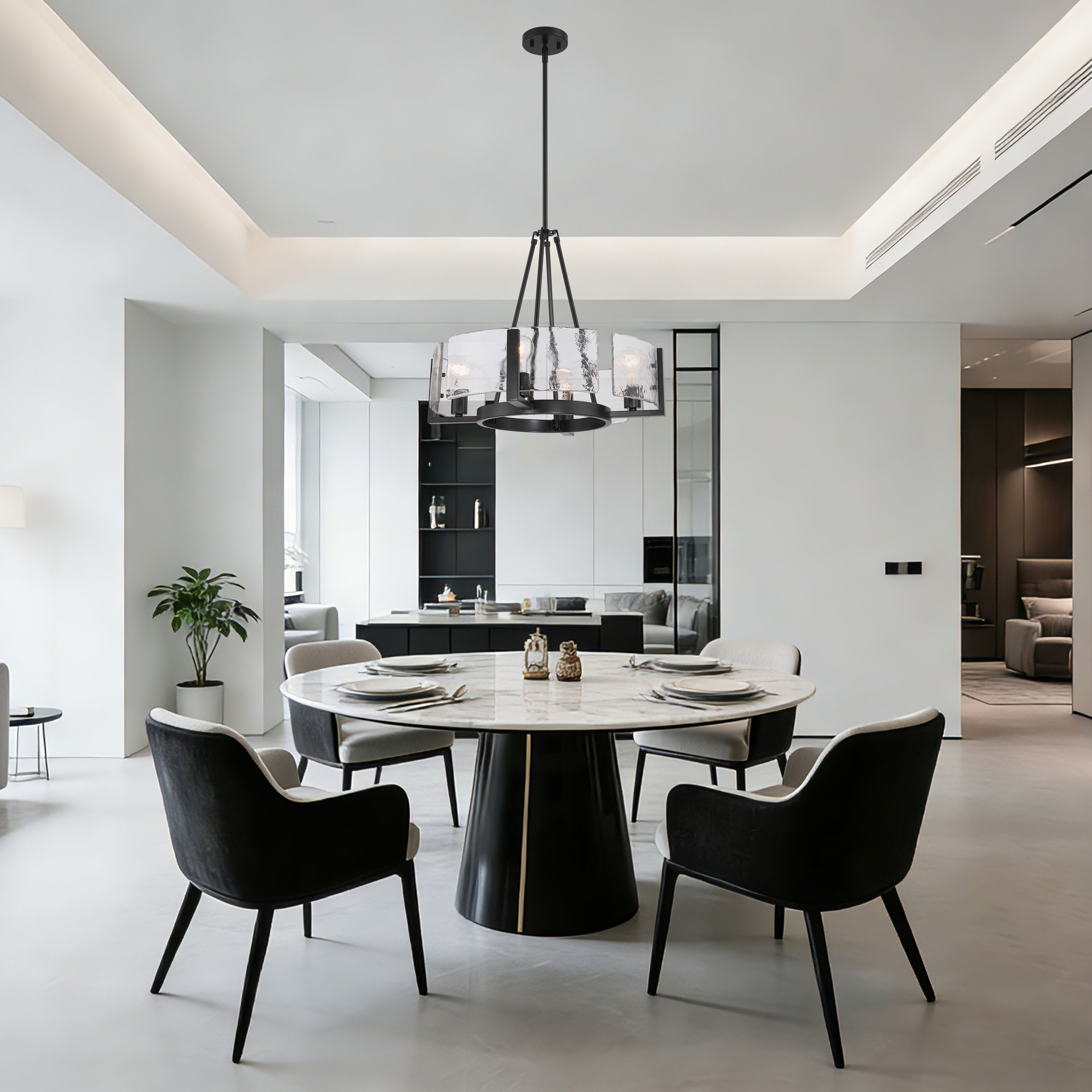 Aenon 4-Light Chandelier in Matte Black with Hammered Water Glass - - Golden Lighting