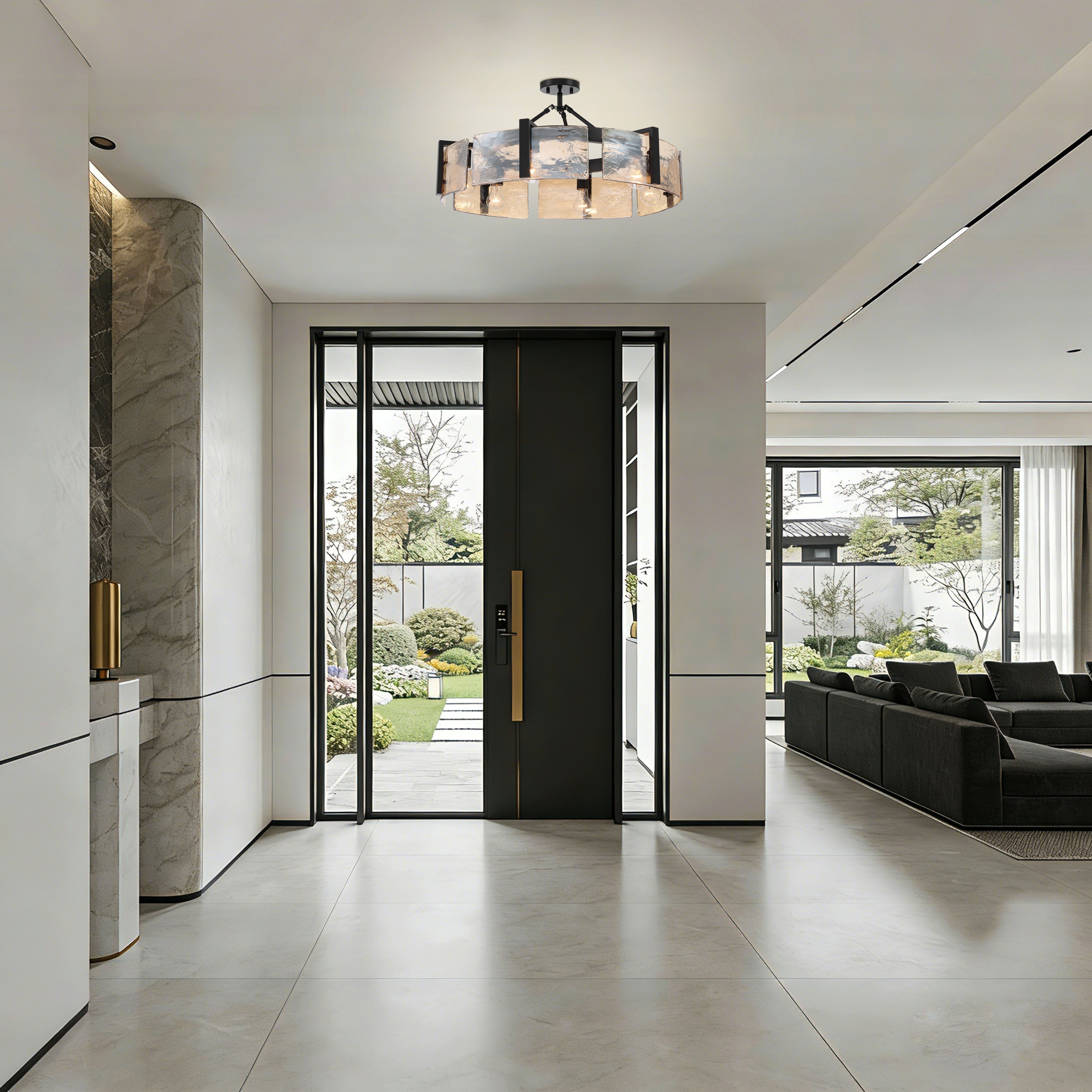 Aenon 6-light Semi-Flush Mount in Matte Black with Amber Water Glass - - Golden Lighting