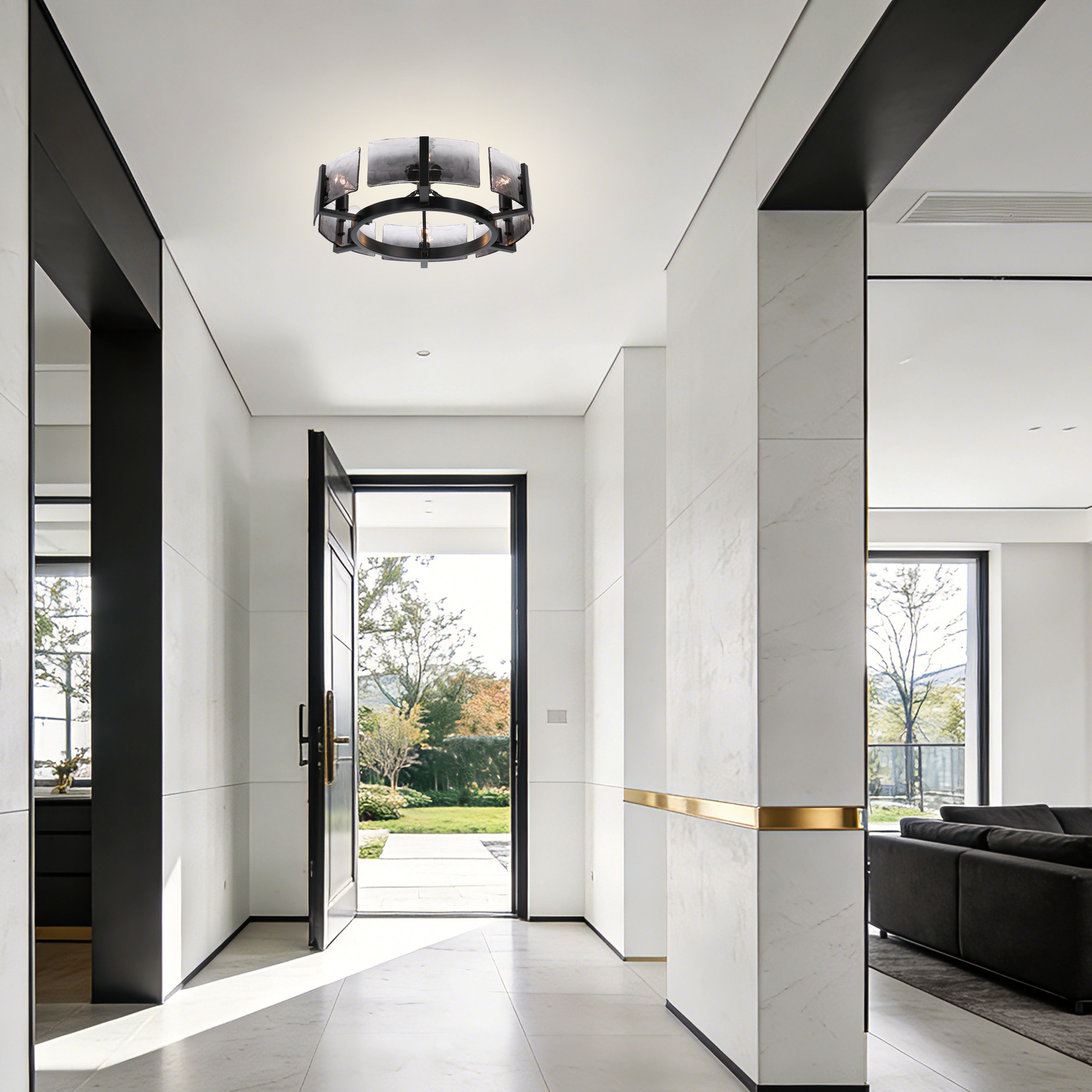 Aenon 6-light Semi-Flush Mount in Matte Black with Smokey Water Glass - - Golden Lighting