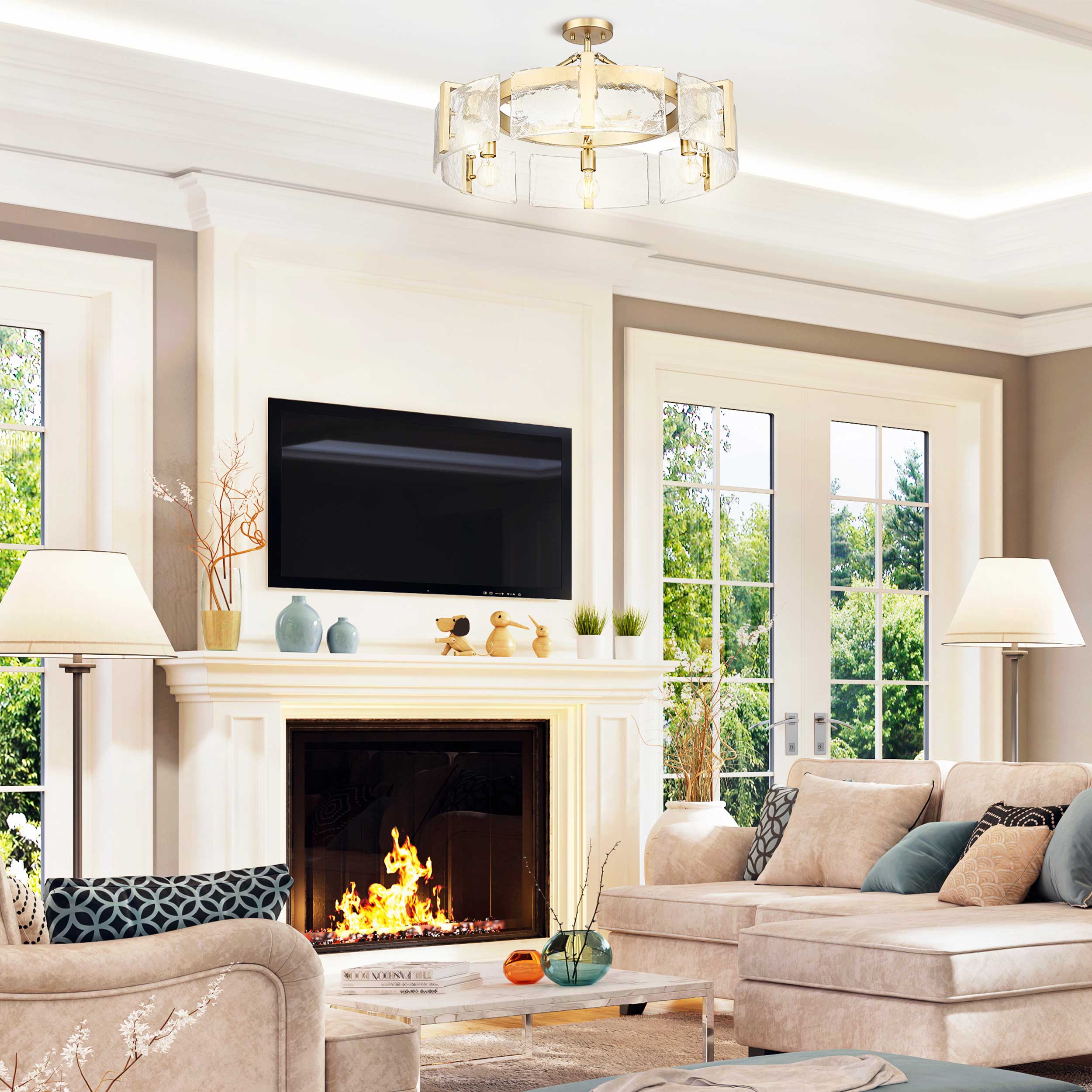 Aenon 6-Light Semi-Flush in Brushed Champagne Bronze with Hammered Water Glass Shade - Default Title - Golden Lighting