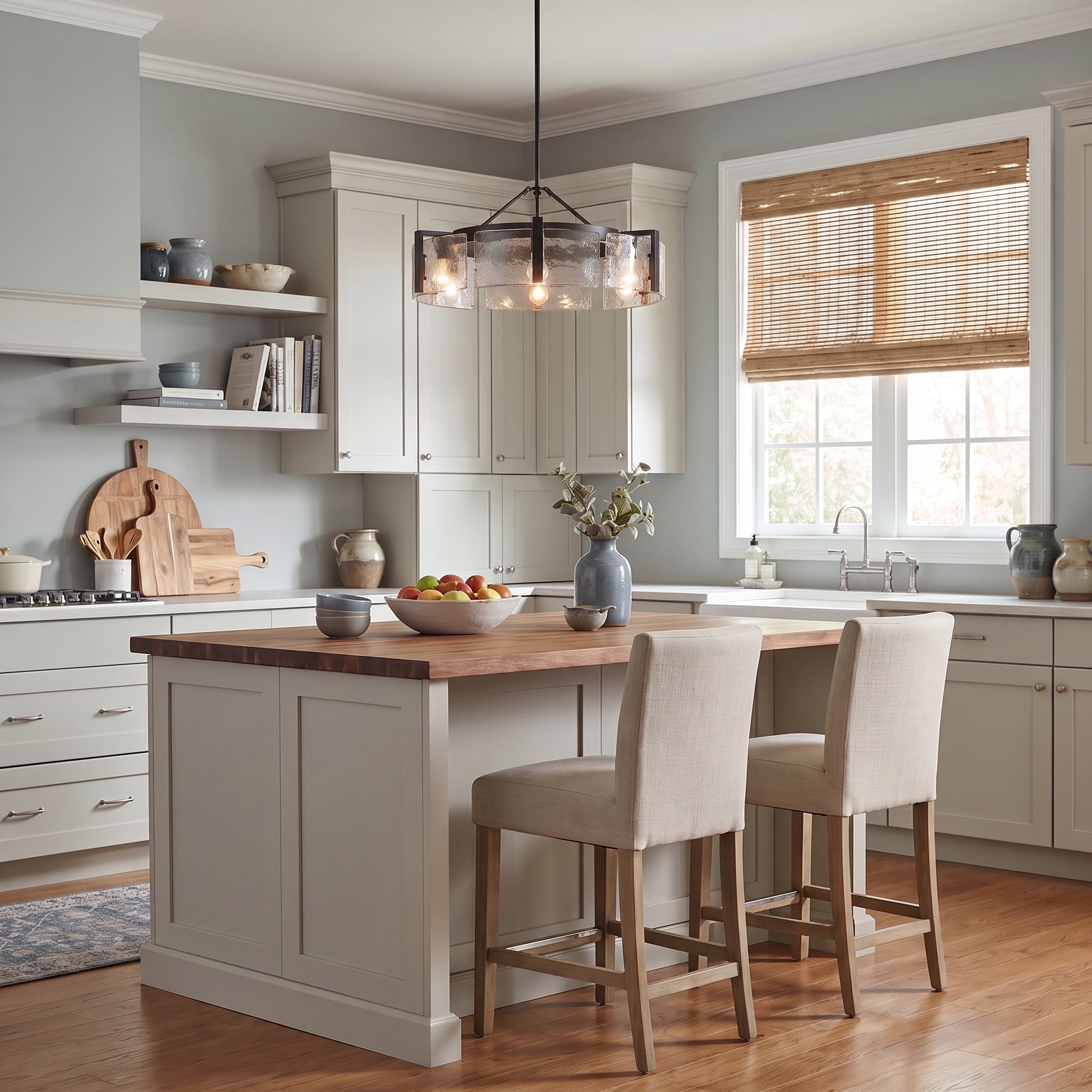 Aenon 6-light Semi-Flush Mount in Matte Black, AI-visualized kitchen scene - Golden Lighting