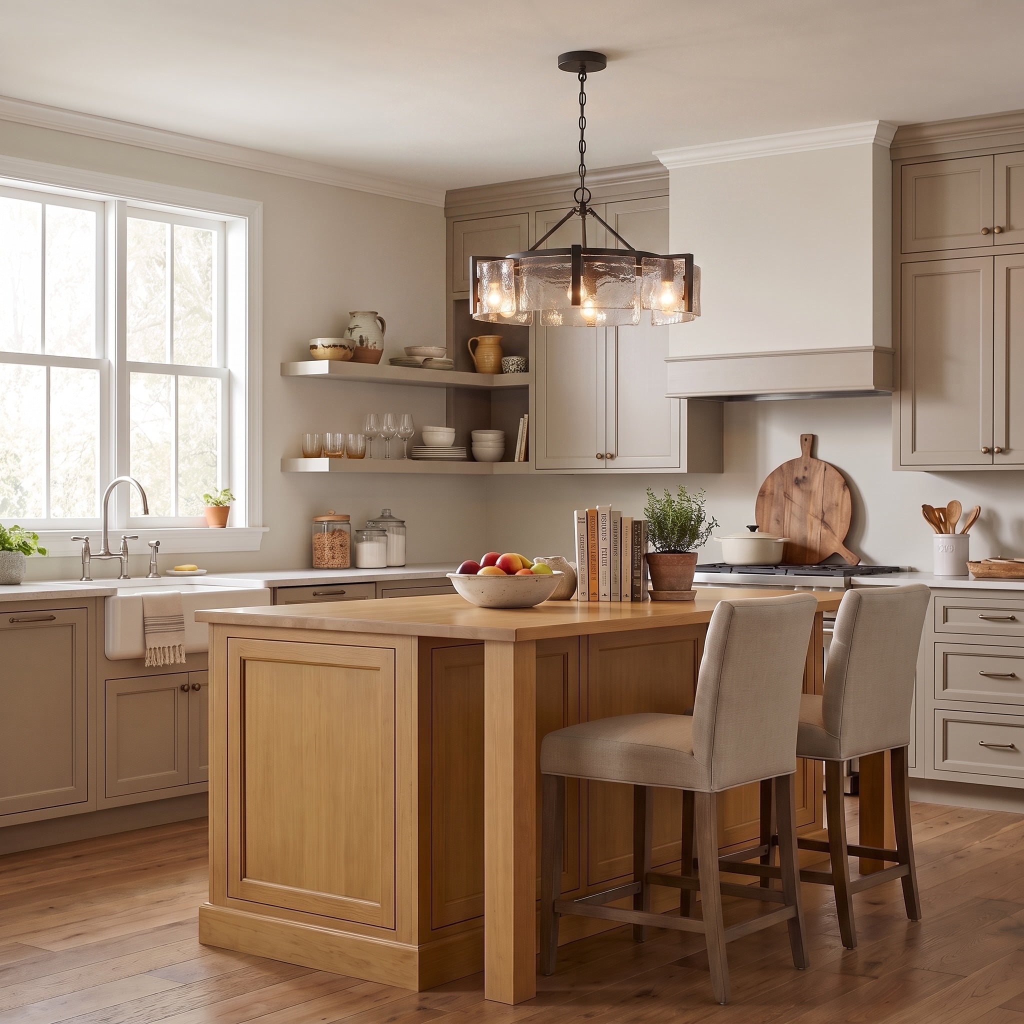 Aenon 6-light Semi-Flush Mount in Matte Black, AI-visualized kitchen scene - Golden Lighting