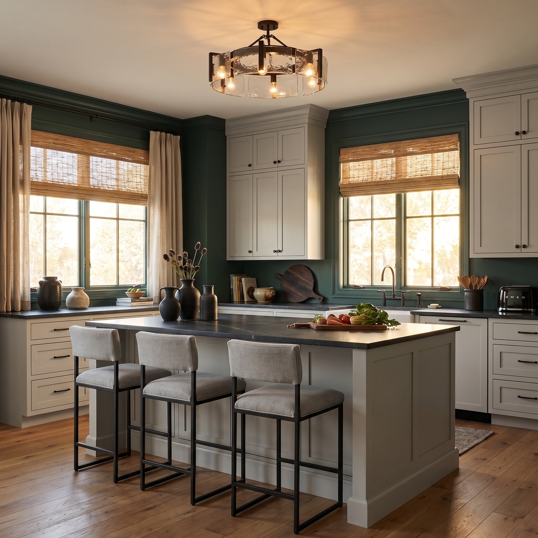 Aenon 6-light Semi-Flush Mount in Matte Black, AI-visualized kitchen scene - Golden Lighting