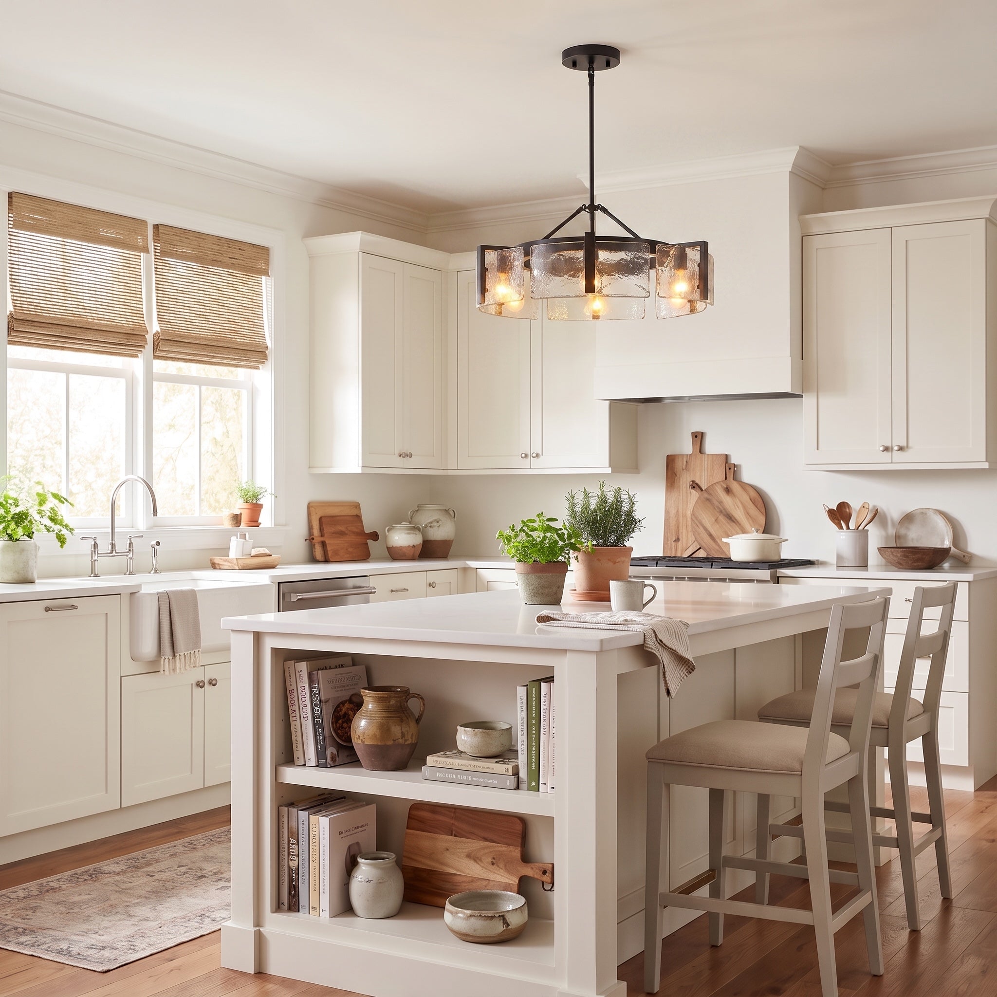 Aenon 6-light Semi-Flush Mount in Matte Black, AI-visualized kitchen scene - Golden Lighting