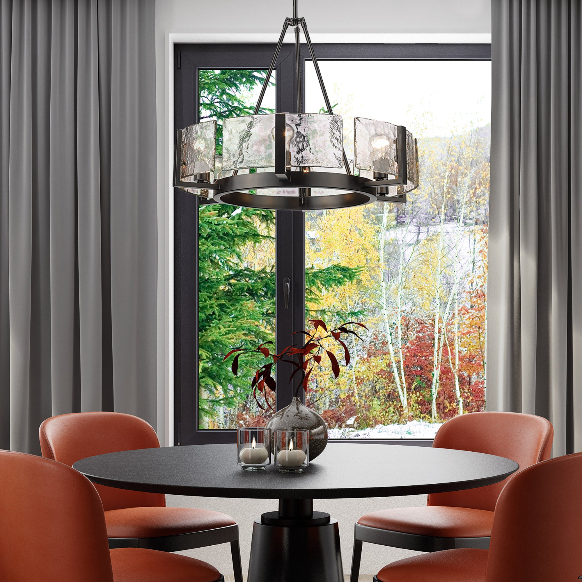 Aenon 6-Light Chandelier in Matte Black with Hammered Water Glass Shade - Default Title - Golden Lighting