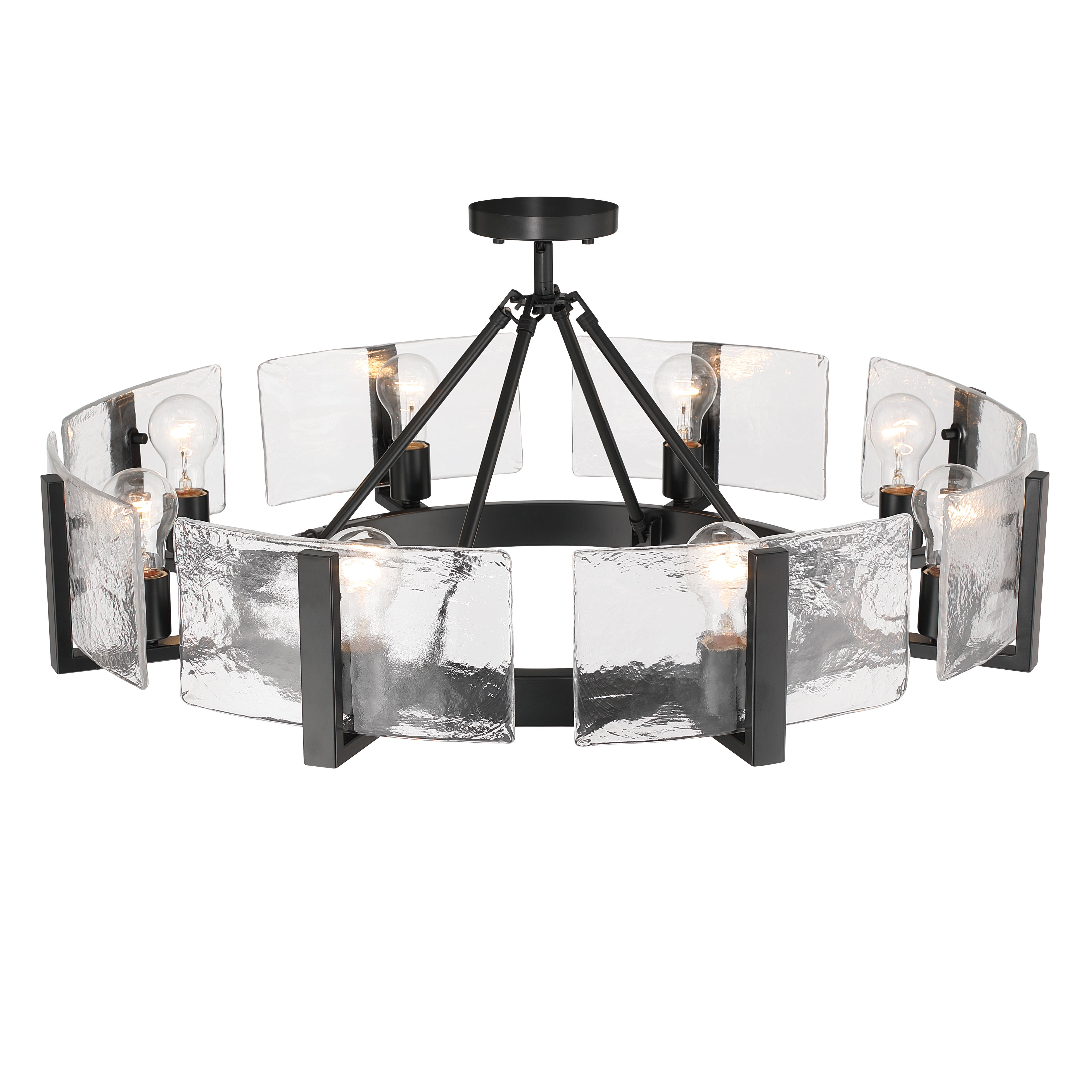 Aenon 8-Light Semi-Flush Mount in Matte Black with Hammered Water Glass - - Golden Lighting