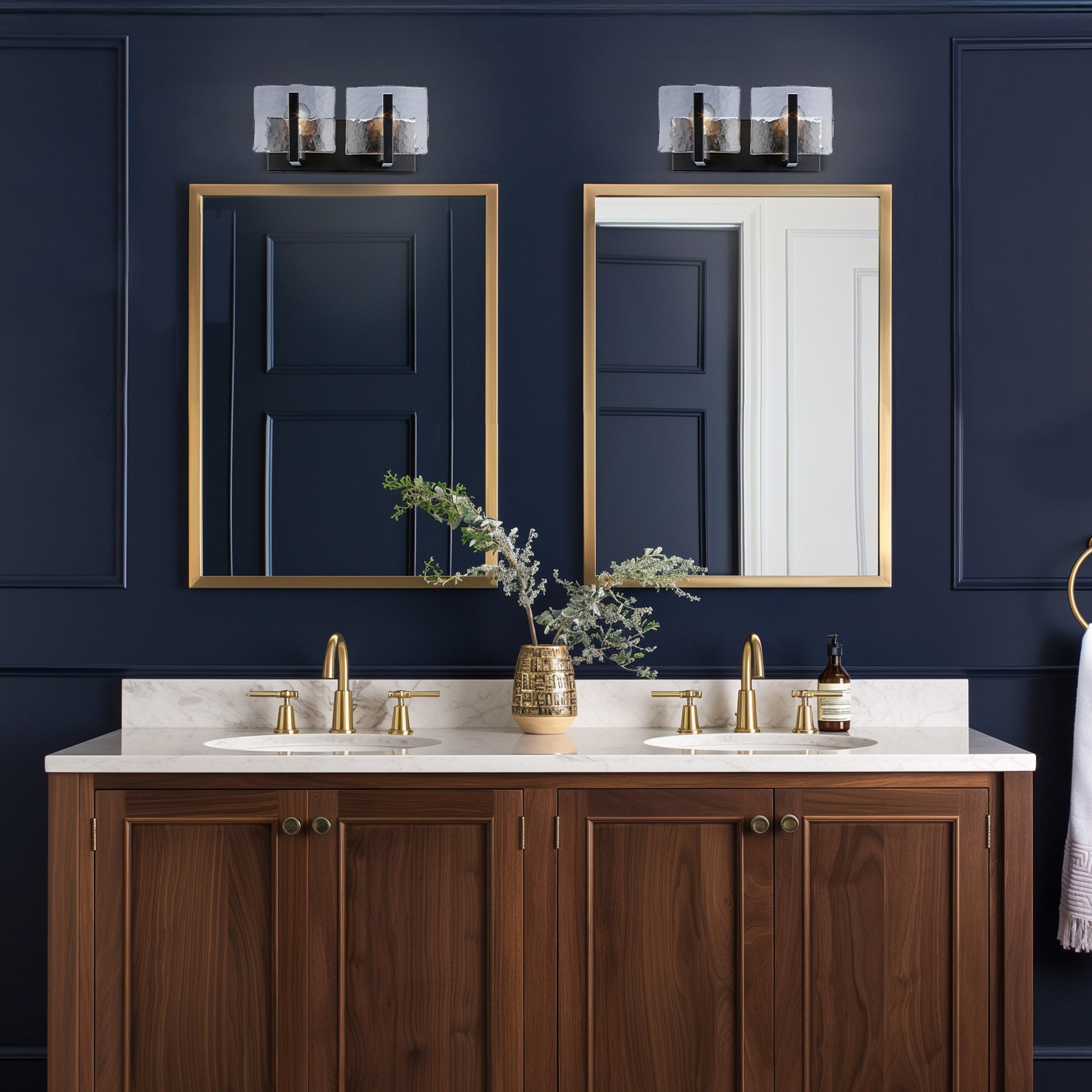 Aenon BLK 2 Light Bath Vanity in Matte Balck with Hammered Water Glass Shade - Default Title - Golden Lighting