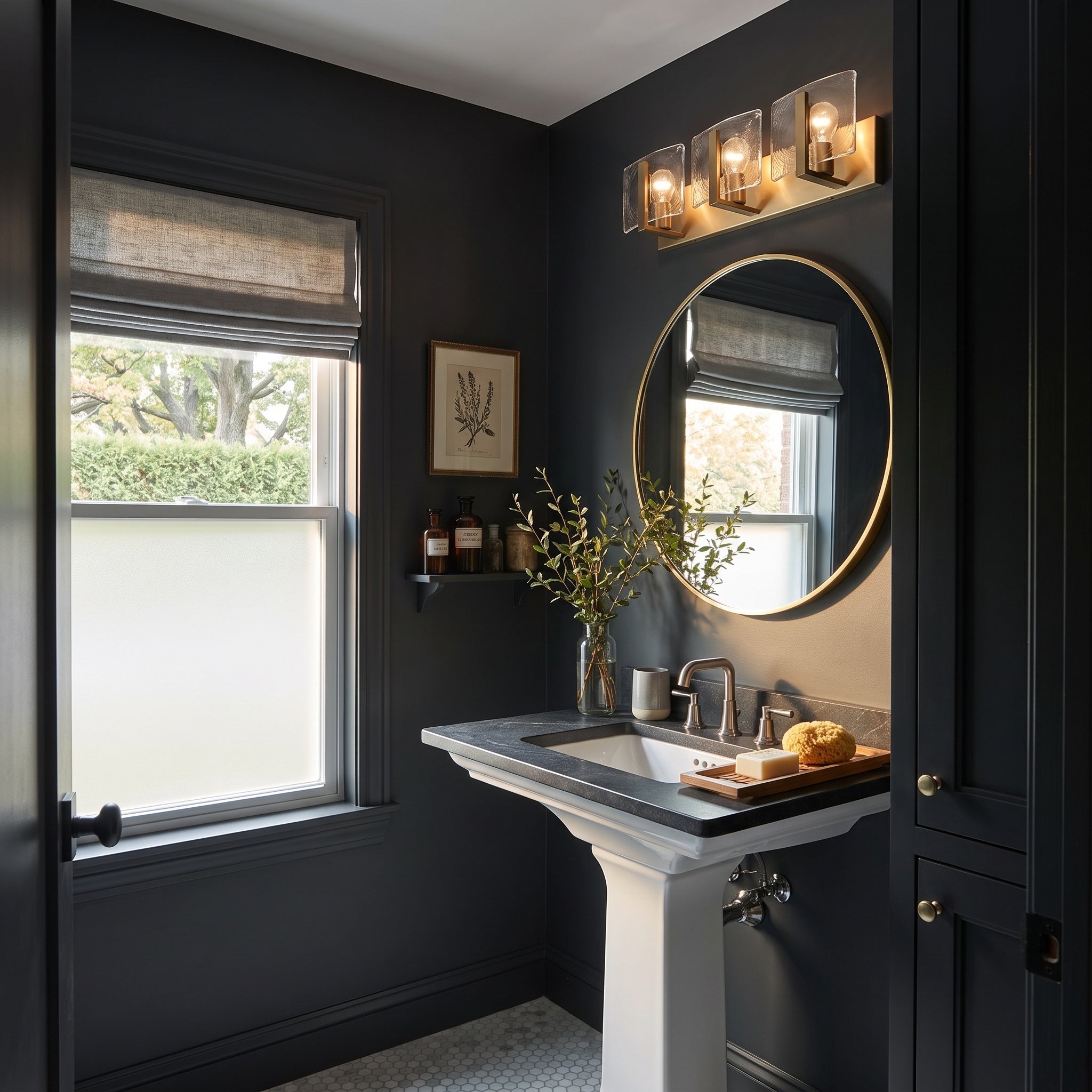 Aenon 3-light Vanity in Brushed Champagne Brass, AI-visualized room scene - Golden Lighting