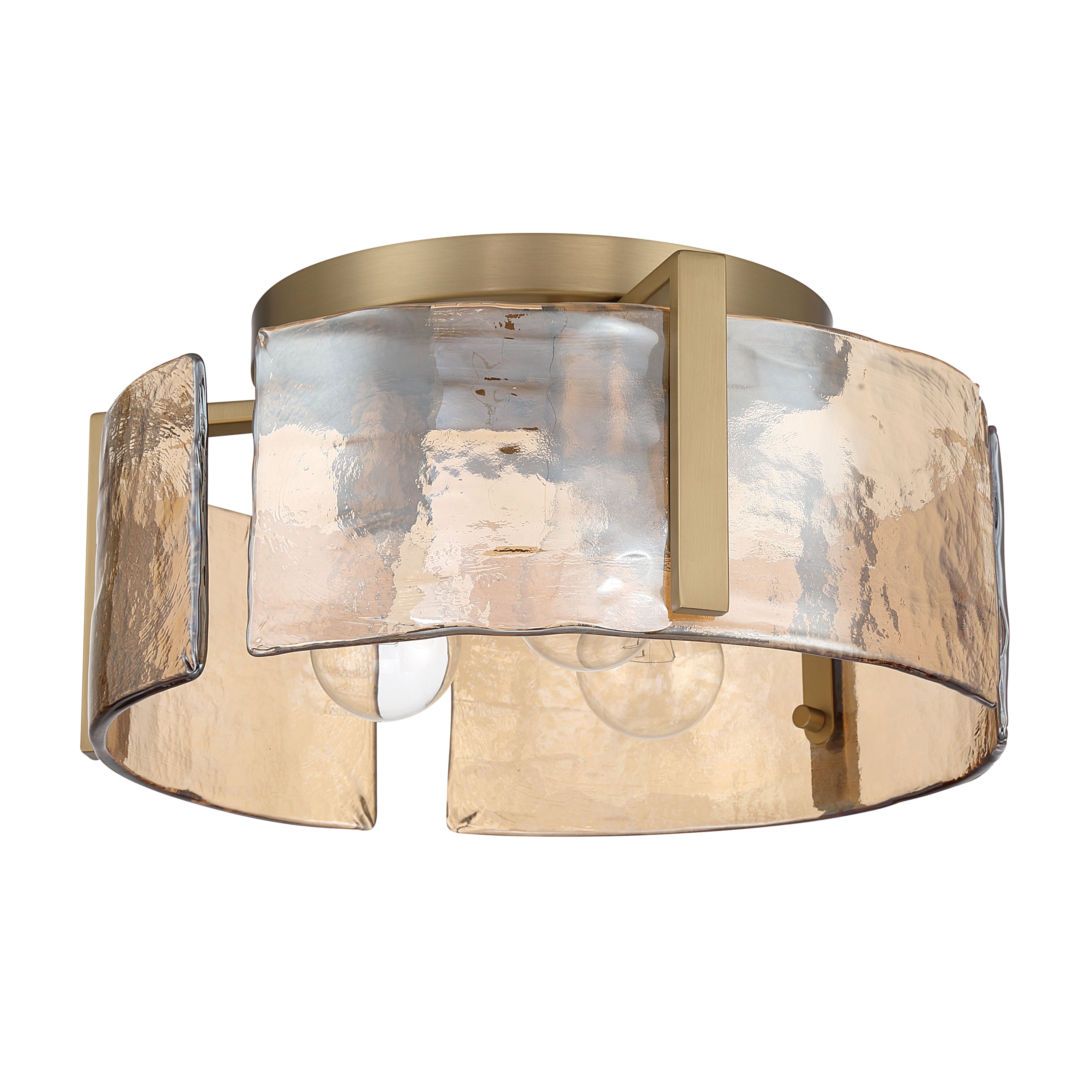 Aenon 3-light Flush Mount in Brushed Champagne Brass with Amber Water Glass - - Golden Lighting