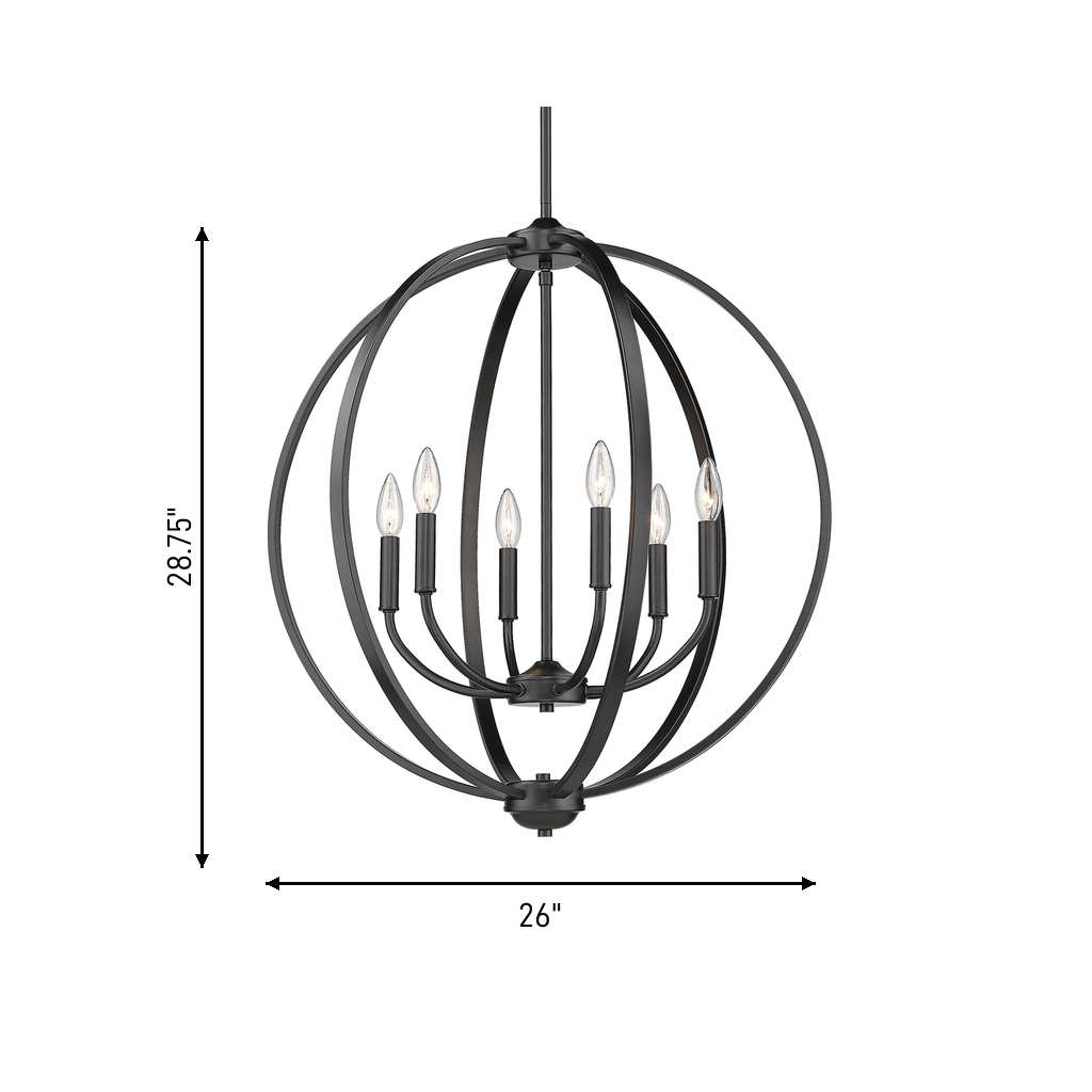 Colson 6-light Chandelier in Matte Black, dimensions diagram - Golden Lighting