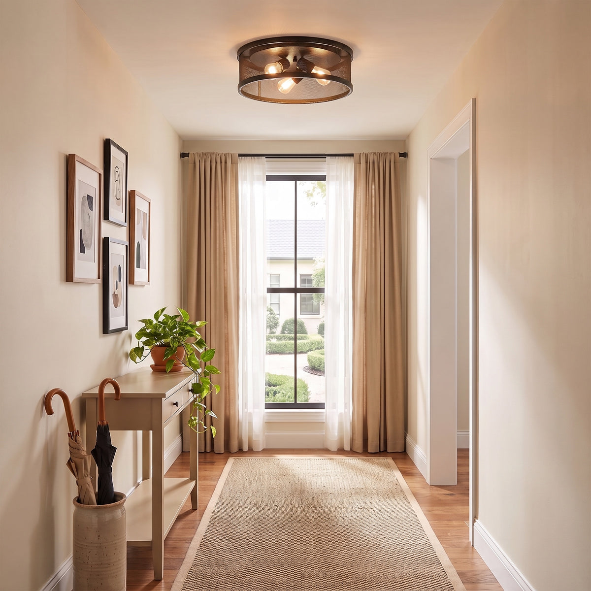 Channing 3-light Flush Mount in Matte Black, AI-visualized hallway scene - Golden Lighting