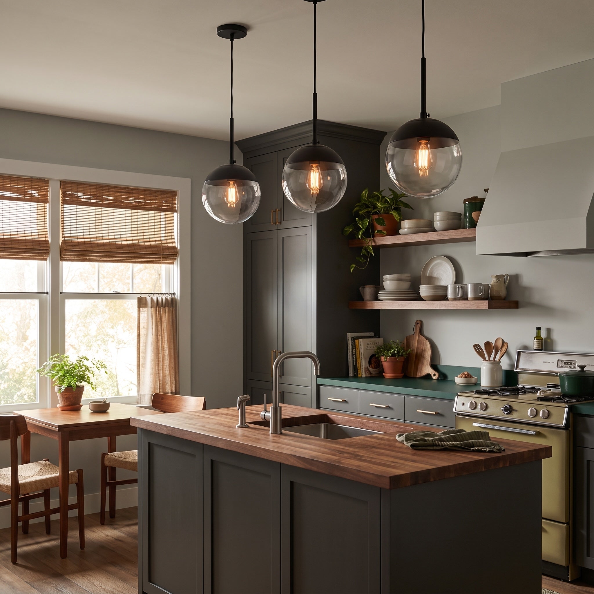Dixon 1-light Pendant in Matte Black, AI-visualized kitchen scene - Golden Lighting
