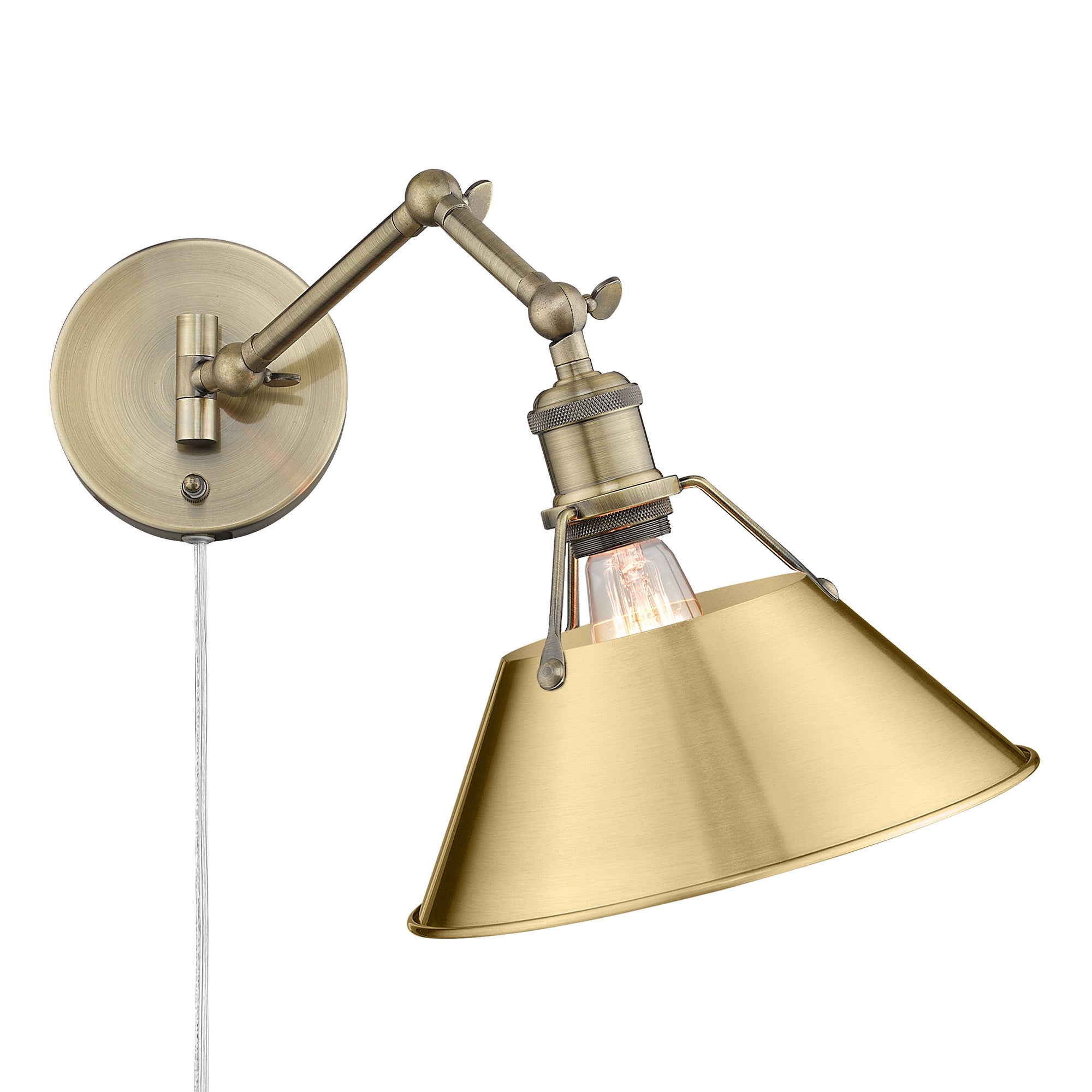 Yep by Golden Lighting Orwell 1-light Swing Arm in Aged Brass and Brushed Champagne Brass shade