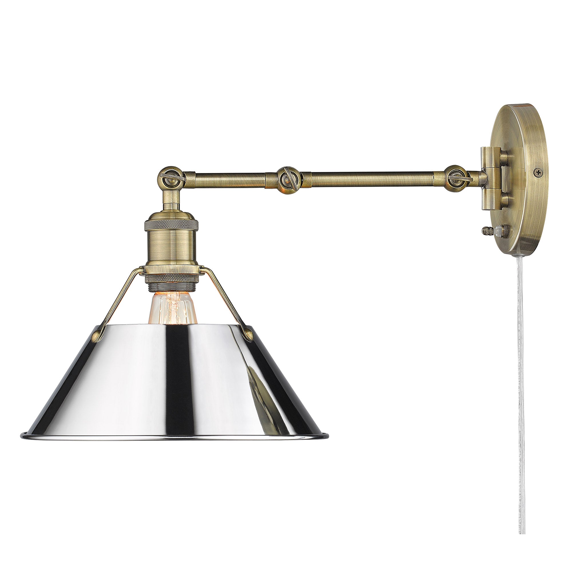Yep by Golden Lighting Orwell 1-light Swing Arm Wall Lamp in Aged Brass and Chrome shade