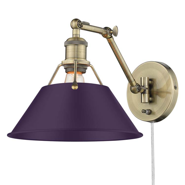 Yep by Golden Lighting Orwell 1-light Swing Arm Wall Lamp in Aged Brass and Exotic Purple shade