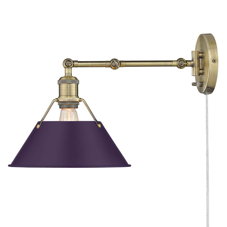 Yep by Golden Lighting Orwell 1-light Swing Arm Wall Lamp in Aged Brass and Exotic Purple shade