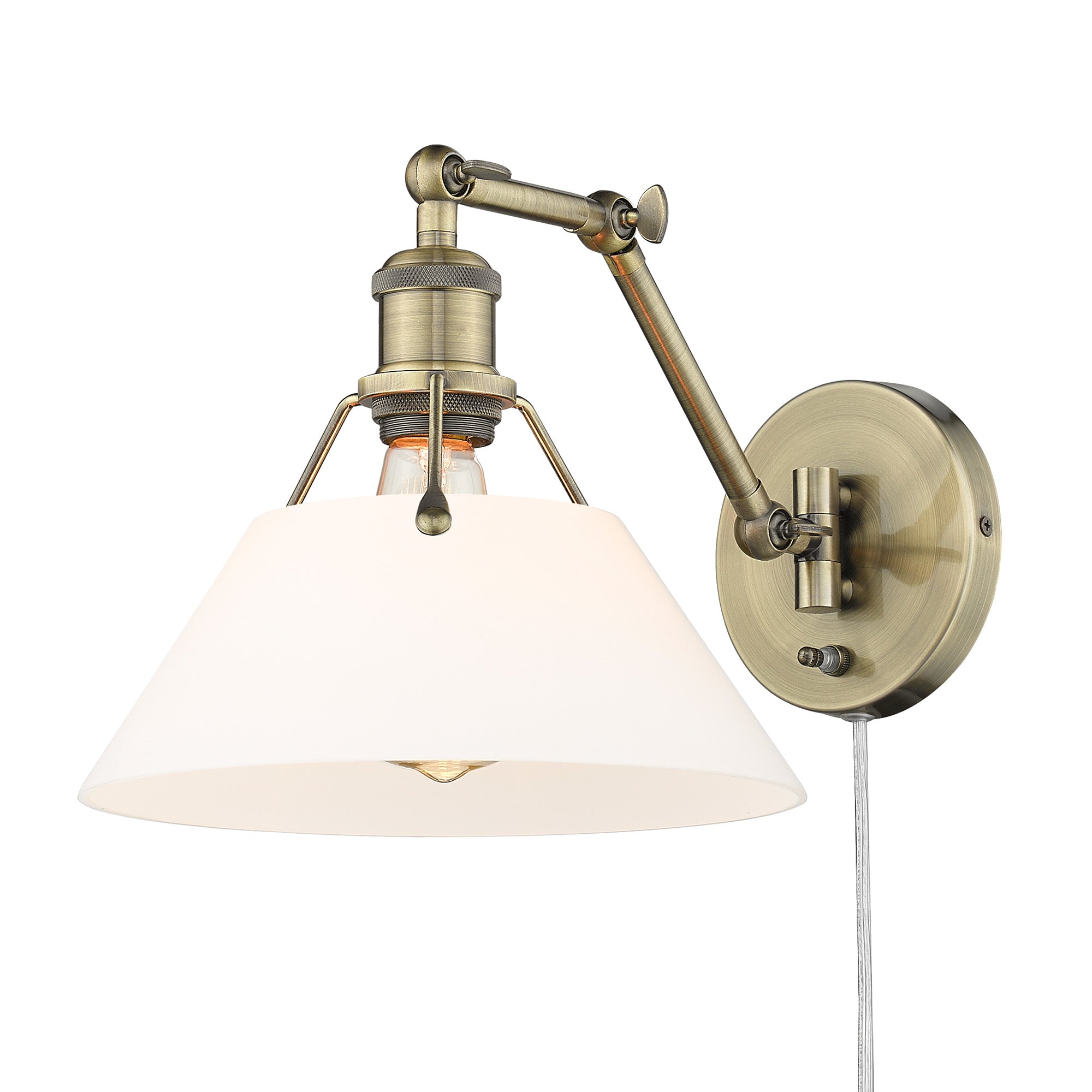 Yep by Golden Lighting Orwell 1-light Swing Arm Wall Lamp in Aged Brass and Opal Glass