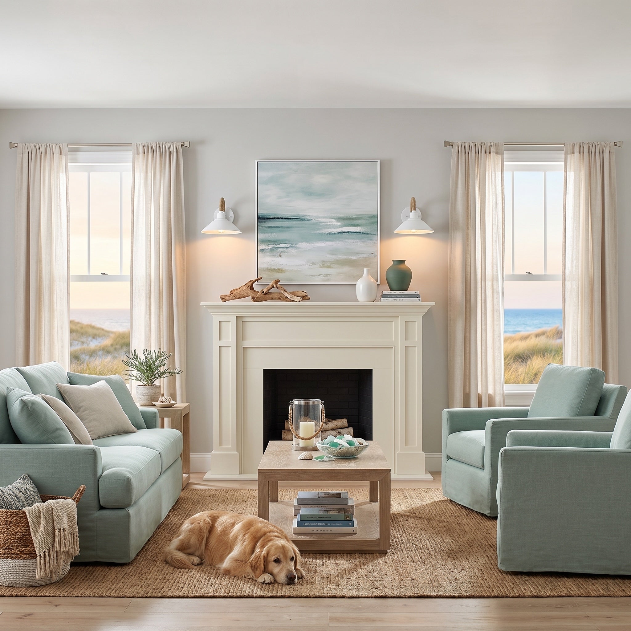 Journey 1-light Wall Sconce in Natural White, AI-visualized living room scene - Golden Lighting