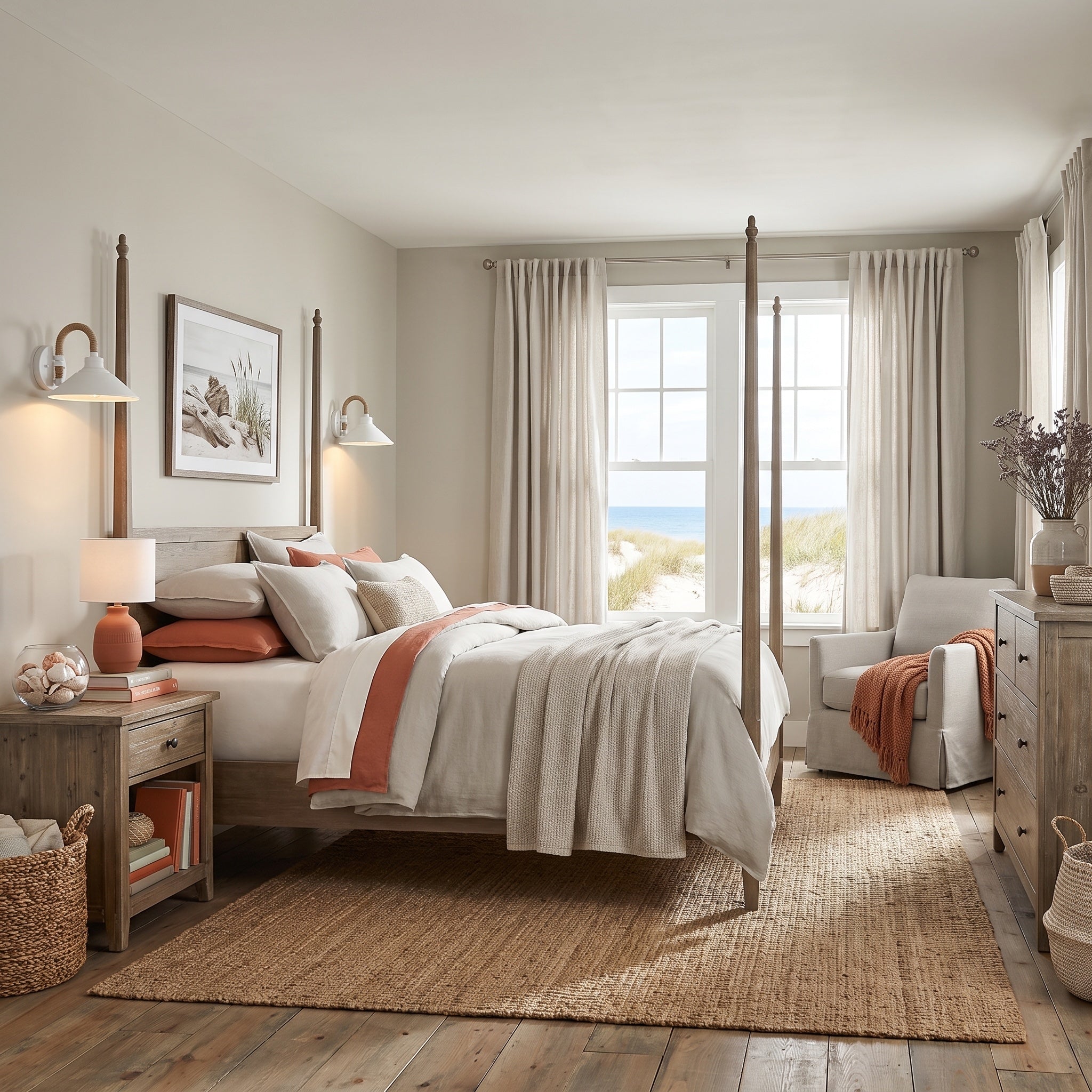 Journey 1-light Wall Sconce in Natural White, AI-visualized bedroom scene - Golden Lighting