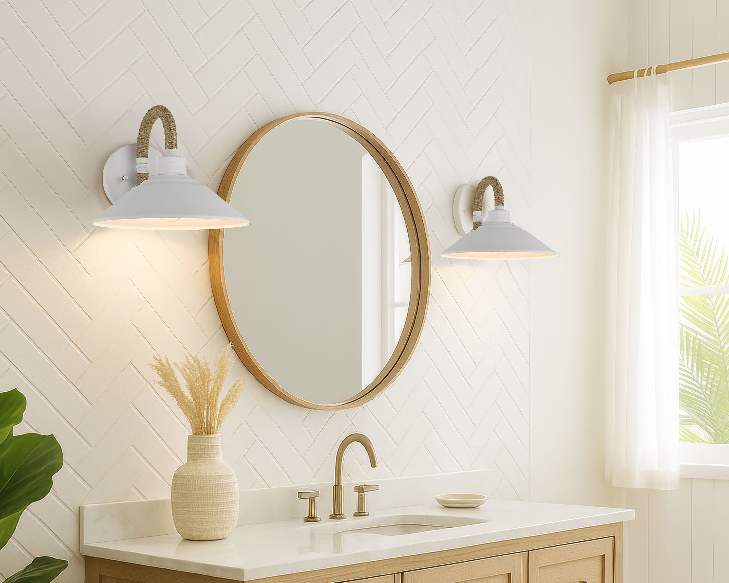 Bathroom vanity with round mirror, lights, and decorative elements.