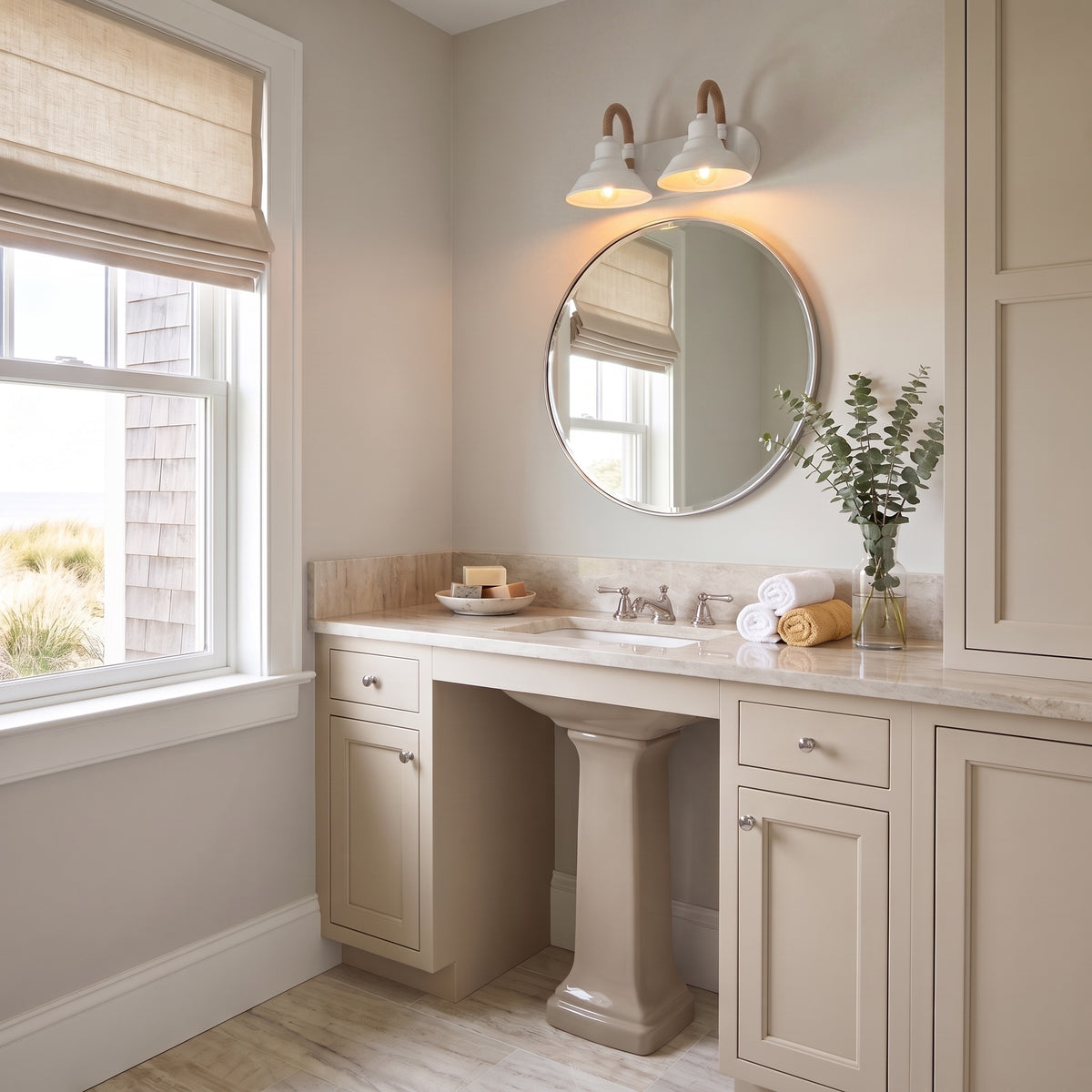 Journey 2-light Vanity in Natural White, AI-visualized powder room scene - Golden Lighting