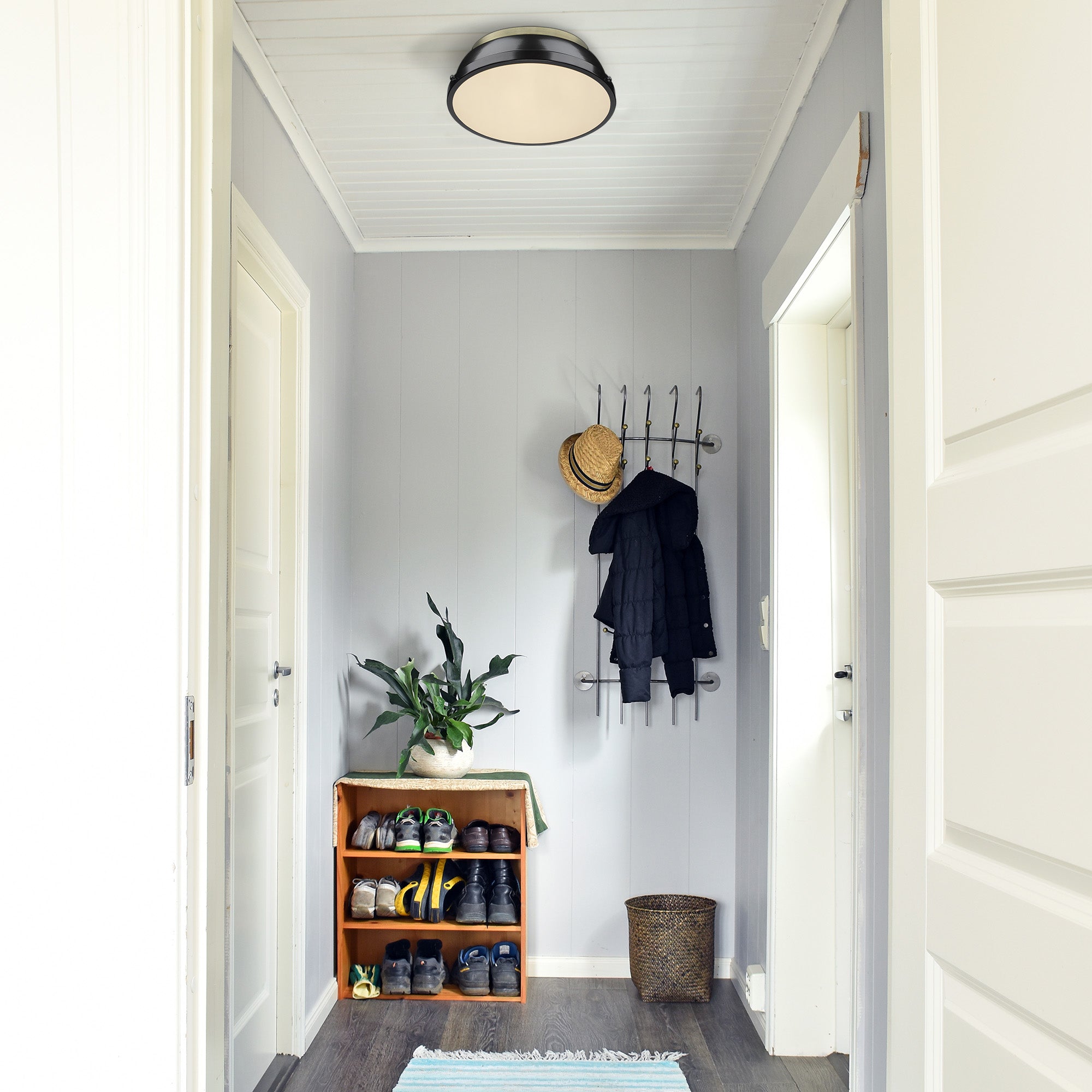 Yep by Golden Lighting Duncan 2-light Flush Mount in Aged Brass and Black shade - - Golden Lighting