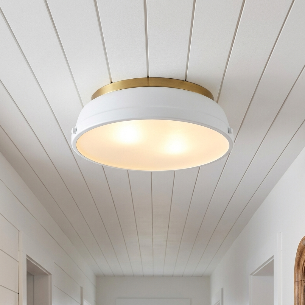 Duncan 2-light Flush Mount in Aged Brass and Matte White shade, alternate view - Golden Lighting