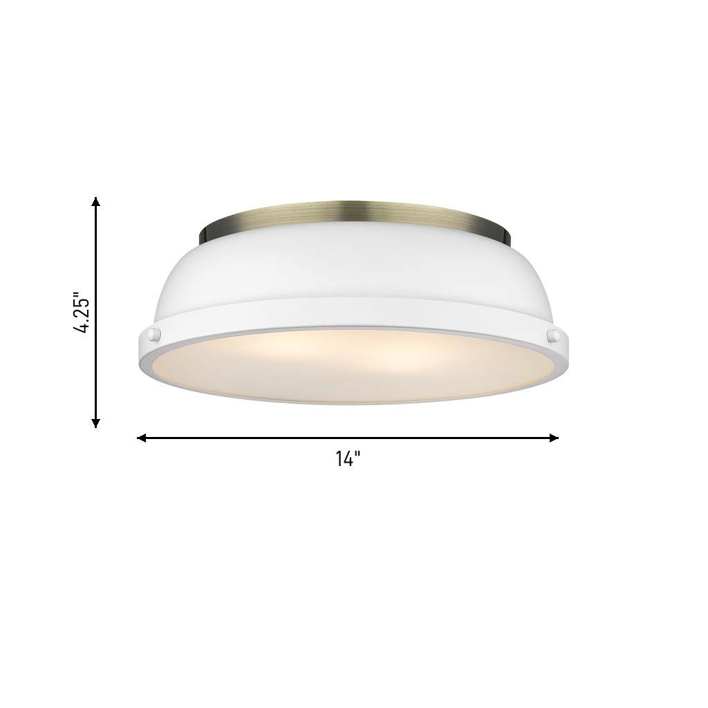 Duncan 2-light Flush Mount in Aged Brass and Matte White shade, dimensions diagram - Golden Lighting