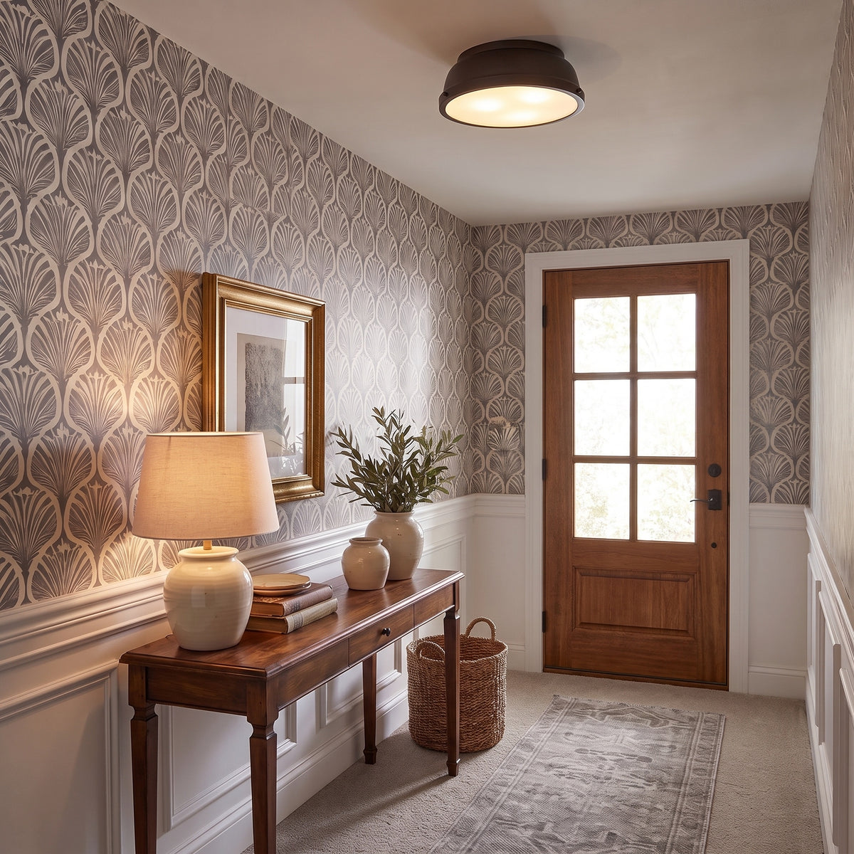 Duncan 2-light Flush Mount in Rubbed Bronze, AI-visualized entryway scene