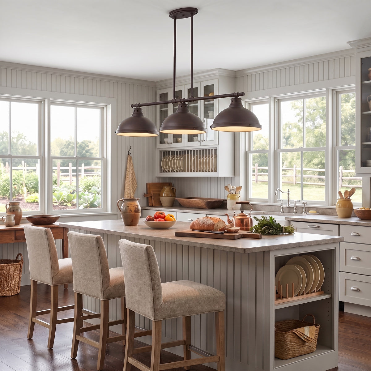 Duncan 3-light Island Light in Rubbed Bronze, AI-visualized kitchen scene - Golden Lighting