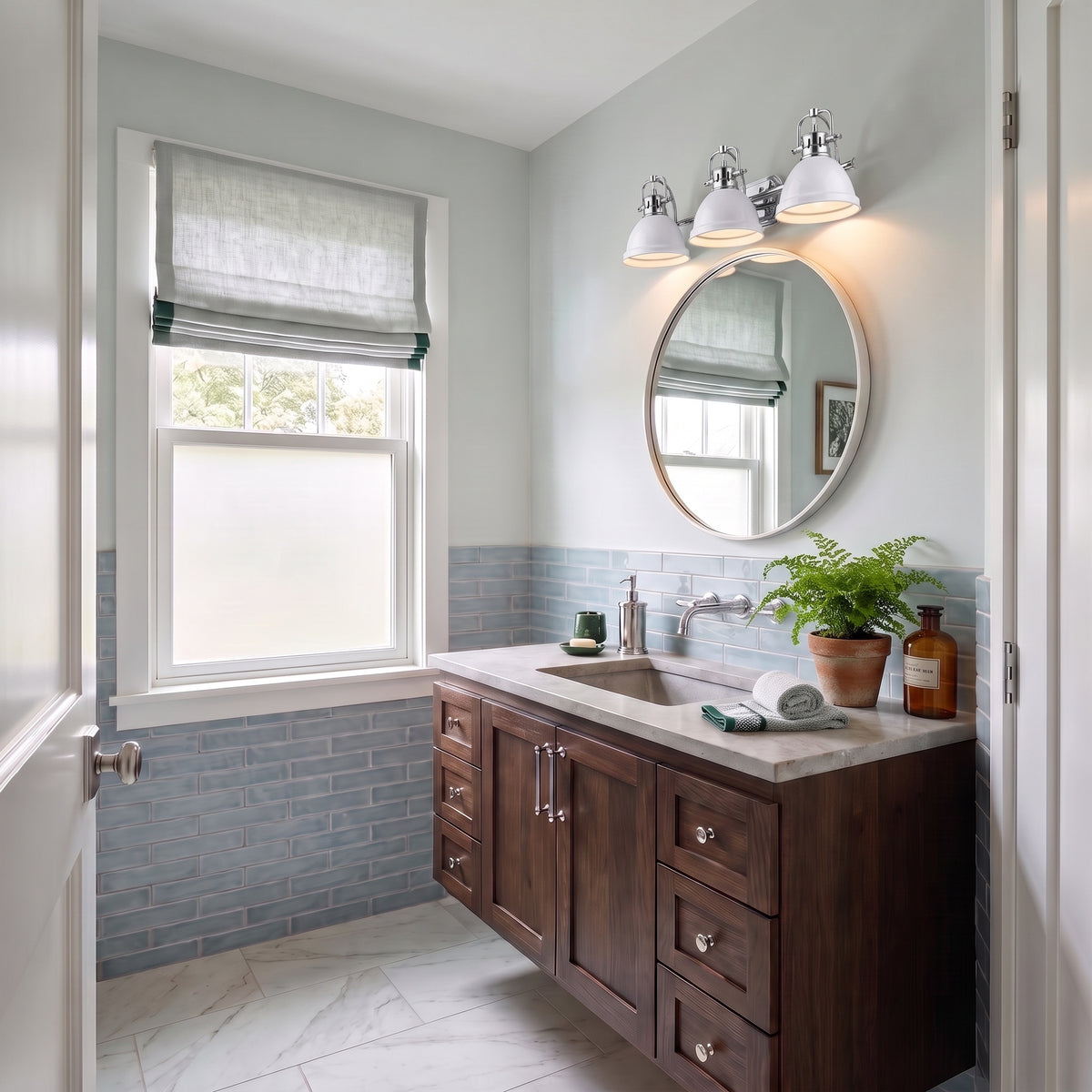 Duncan 3-light Vanity in Chrome, AI-visualized powder room scene - Golden Lighting