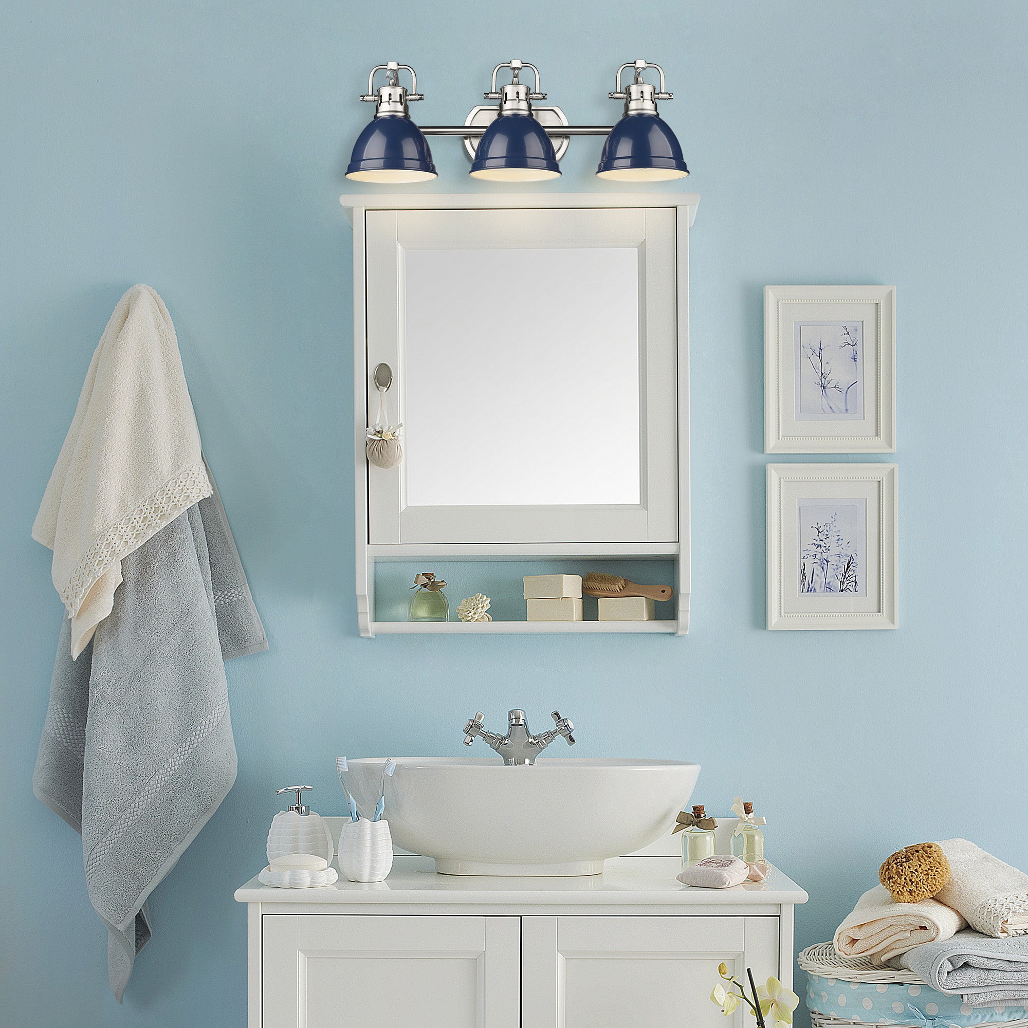 Duncan PW 3 Light Bath Vanity in Pewter with Navy Blue Shade - Default Title - Golden Lighting